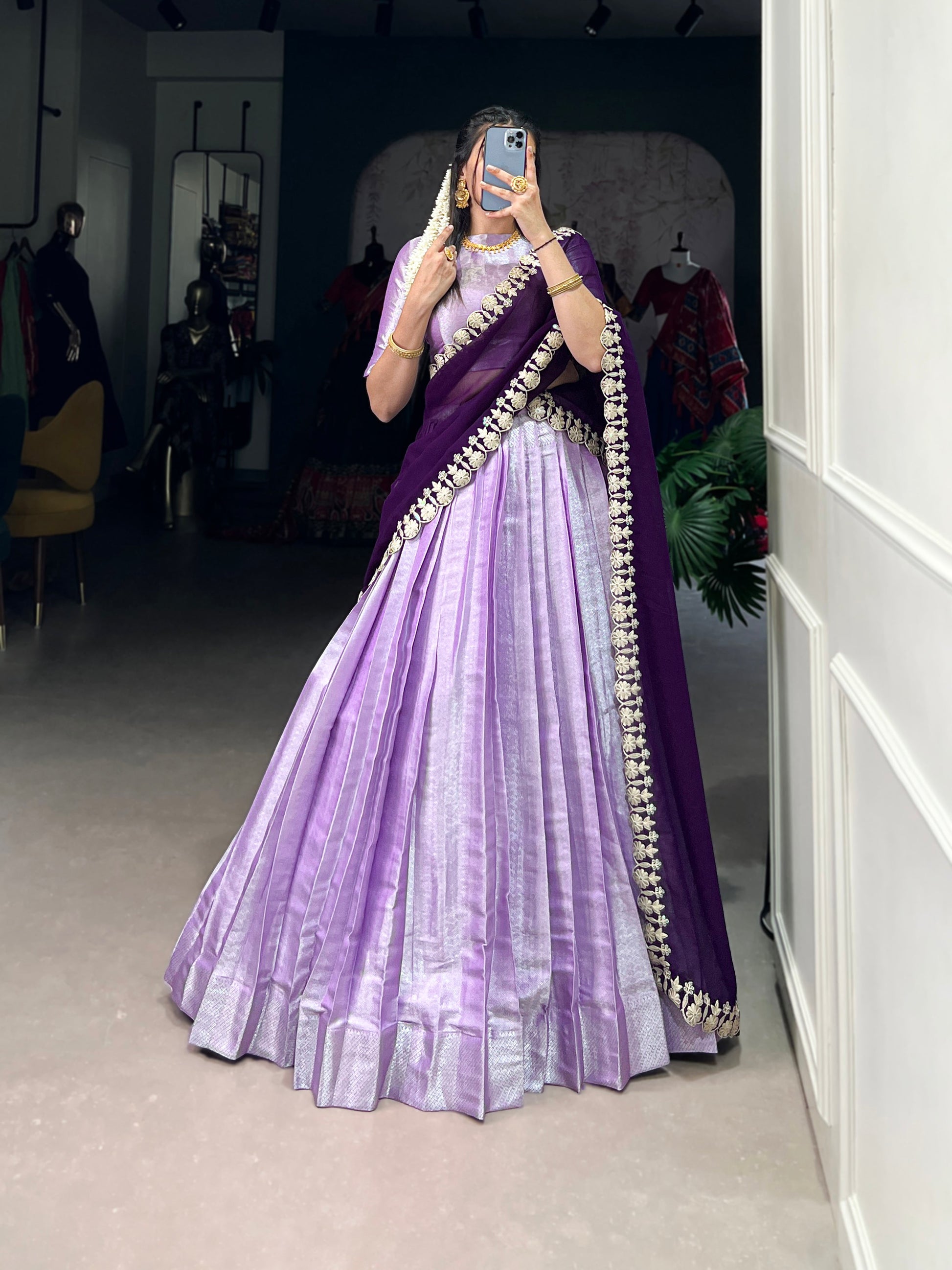 Lorenvalley Lavender Jacquard Silk weaving work Lehenga Choli with Dupatta | Swadesiicart