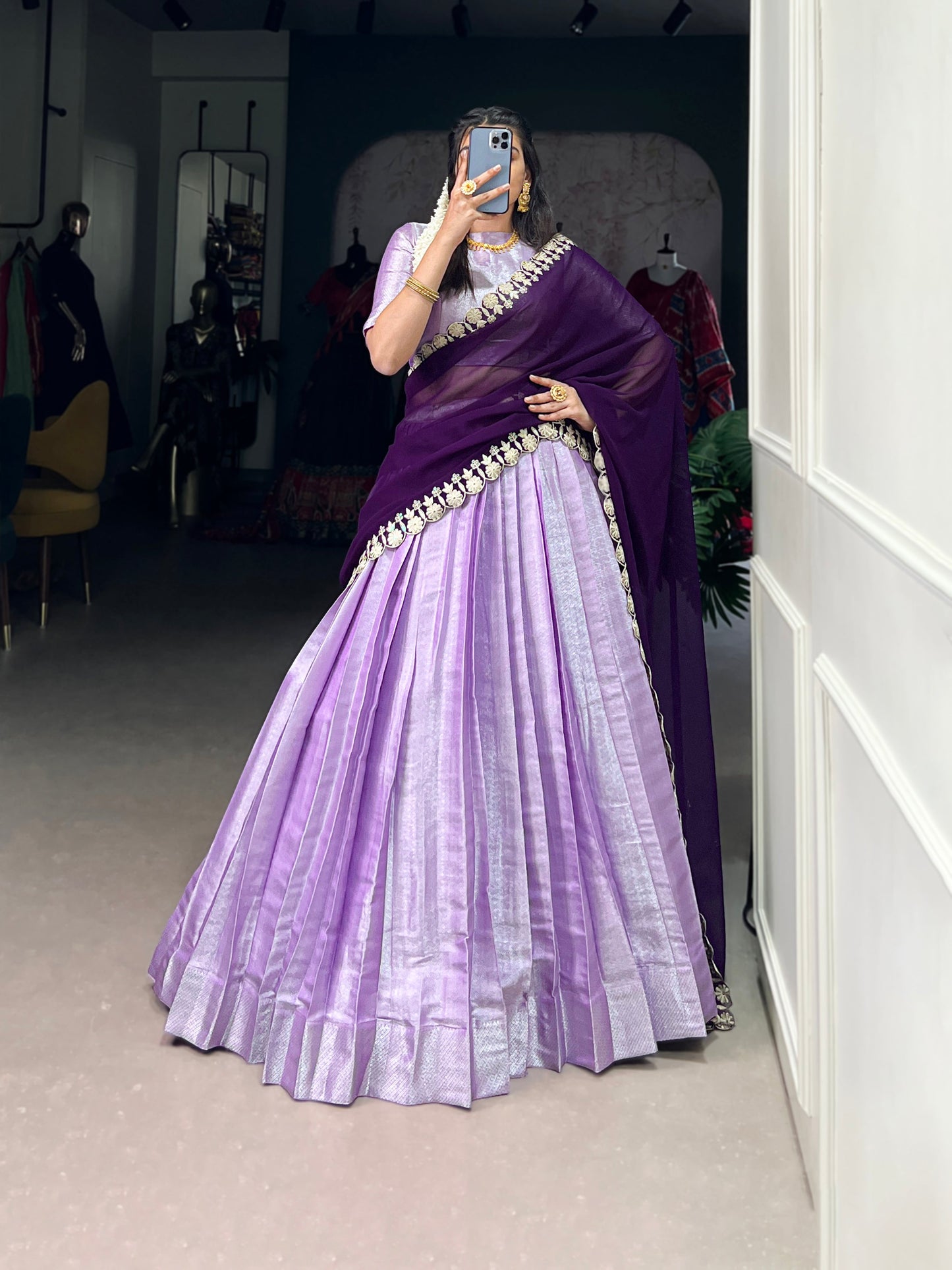 Lorenvalley Lavender Jacquard Silk weaving work Lehenga Choli with Dupatta | Swadesiicart