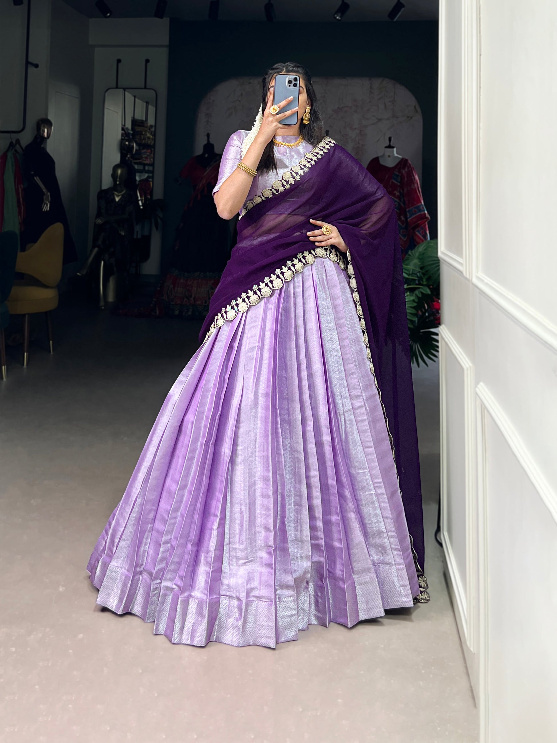 Lorenvalley Lavender Jacquard Silk weaving work Lehenga Choli with Dupatta | Swadesiicart