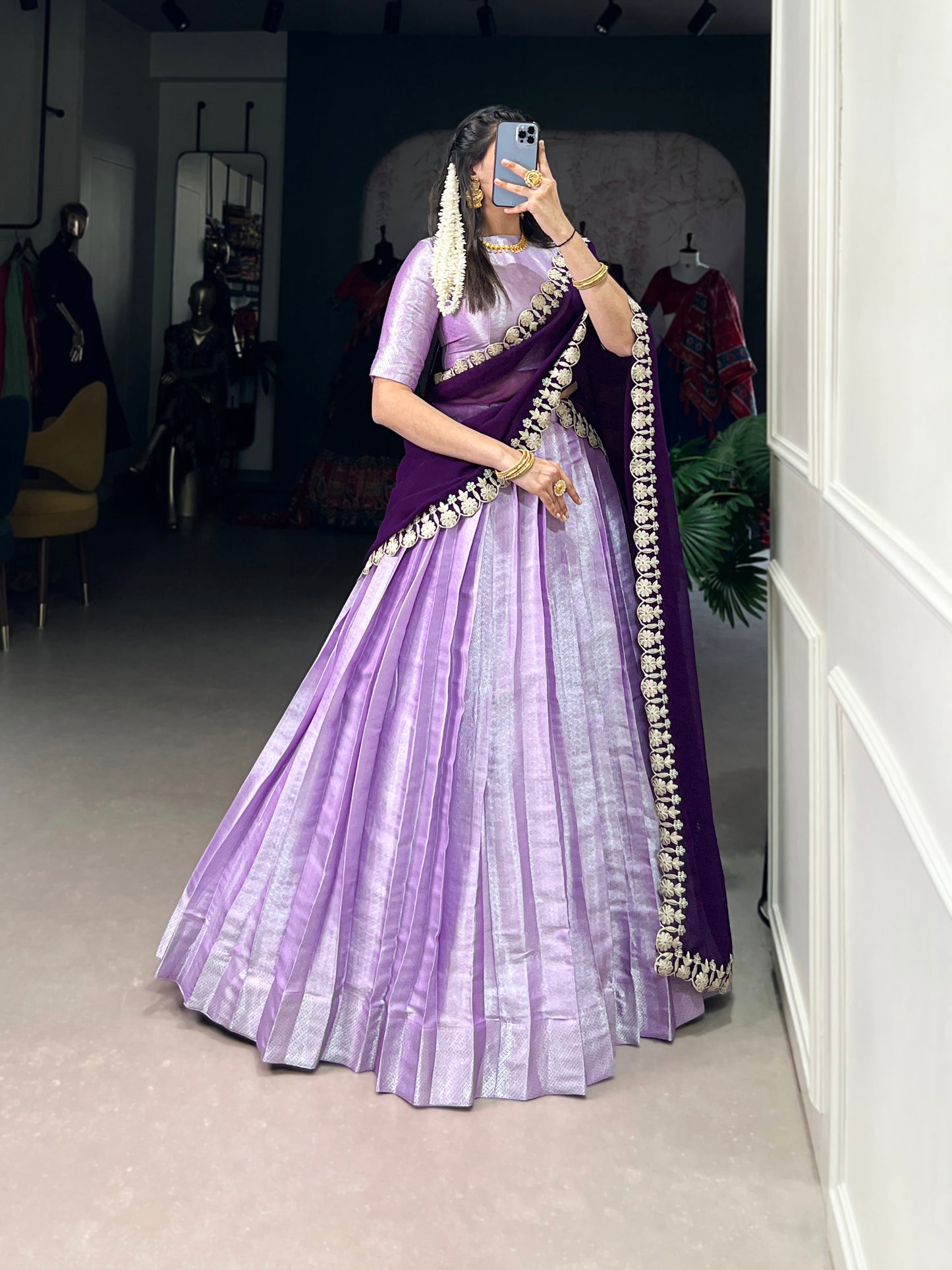 Lorenvalley Lavender Jacquard Silk weaving work Lehenga Choli with Dupatta | Swadesiicart