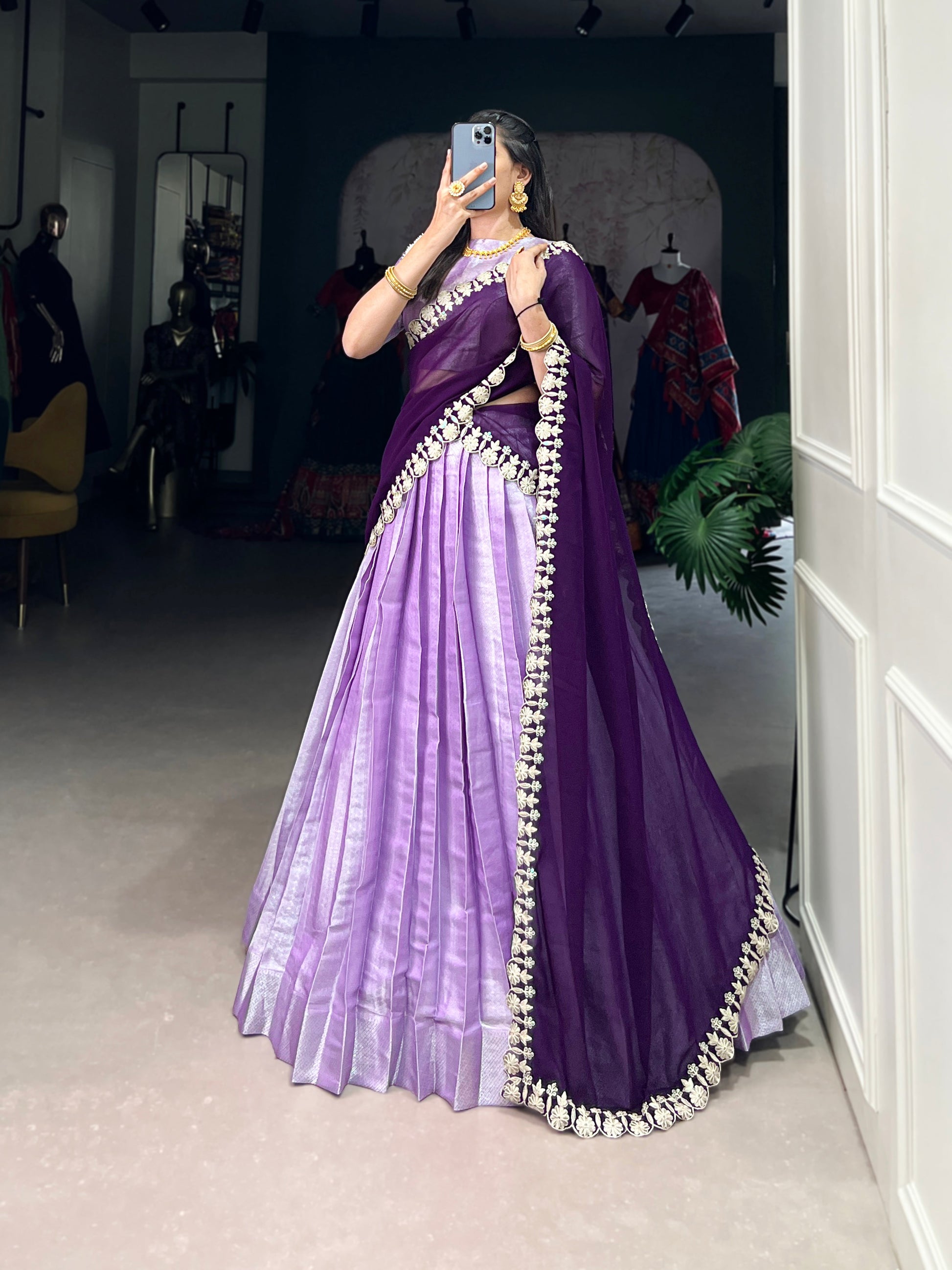 Lorenvalley Lavender Jacquard Silk weaving work Lehenga Choli with Dupatta | Swadesiicart