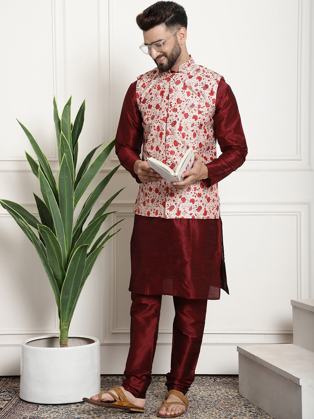 Sojanya Men Maroon & Beige Solid Kurta with Churidar & Printed Nehru Jacket | Swadesiicart