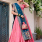 Lorenvalley Light Pink Jacquard Silk Paithani Zari Weaving Work With Sequins and Thread Embroidery Scallop Lace Border Lehenga Choli with Dupatta | Swadesiicart