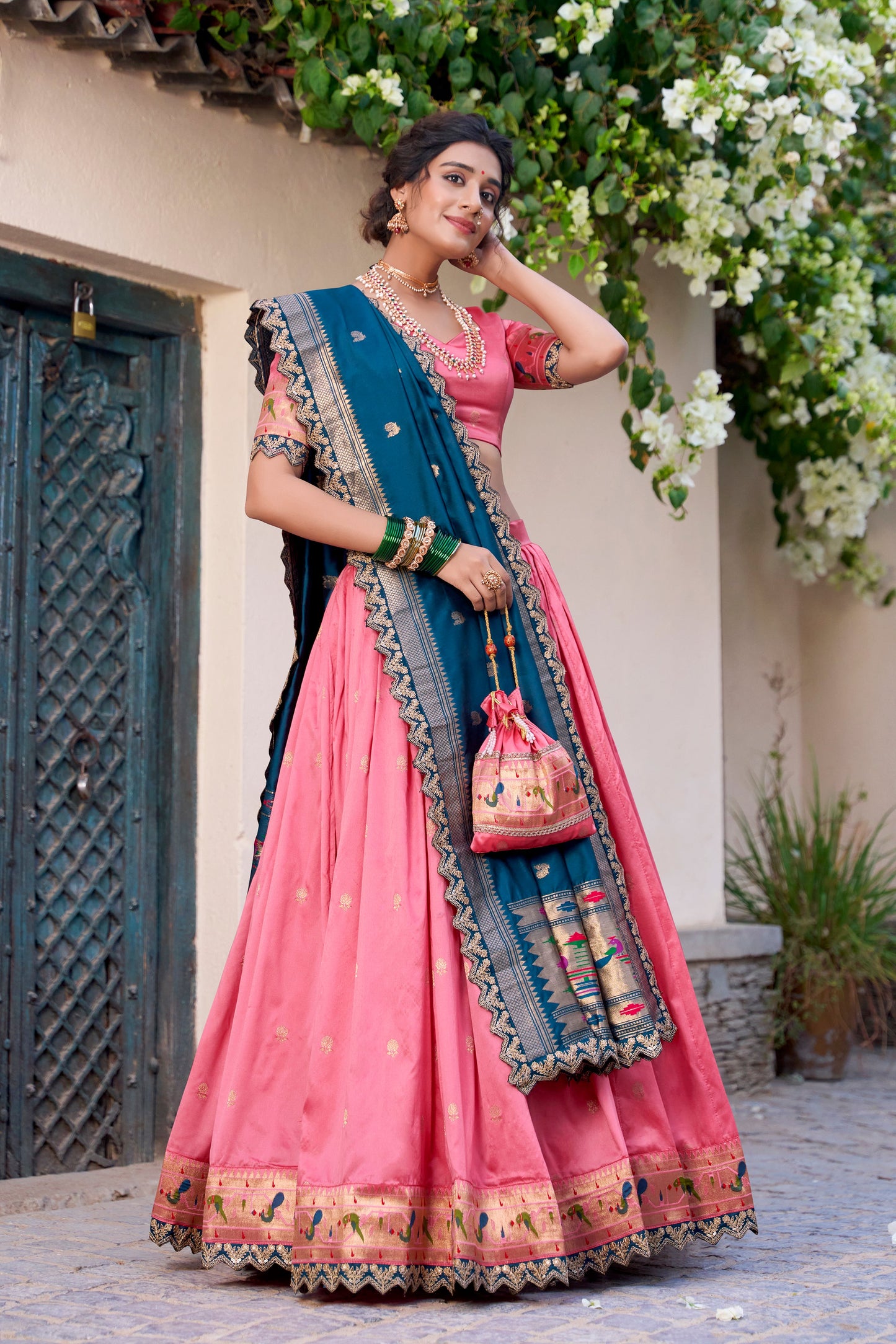 Lorenvalley Light Pink Jacquard Silk Paithani Zari Weaving Work With Sequins and Thread Embroidery Scallop Lace Border Lehenga Choli with Dupatta | Swadesiicart