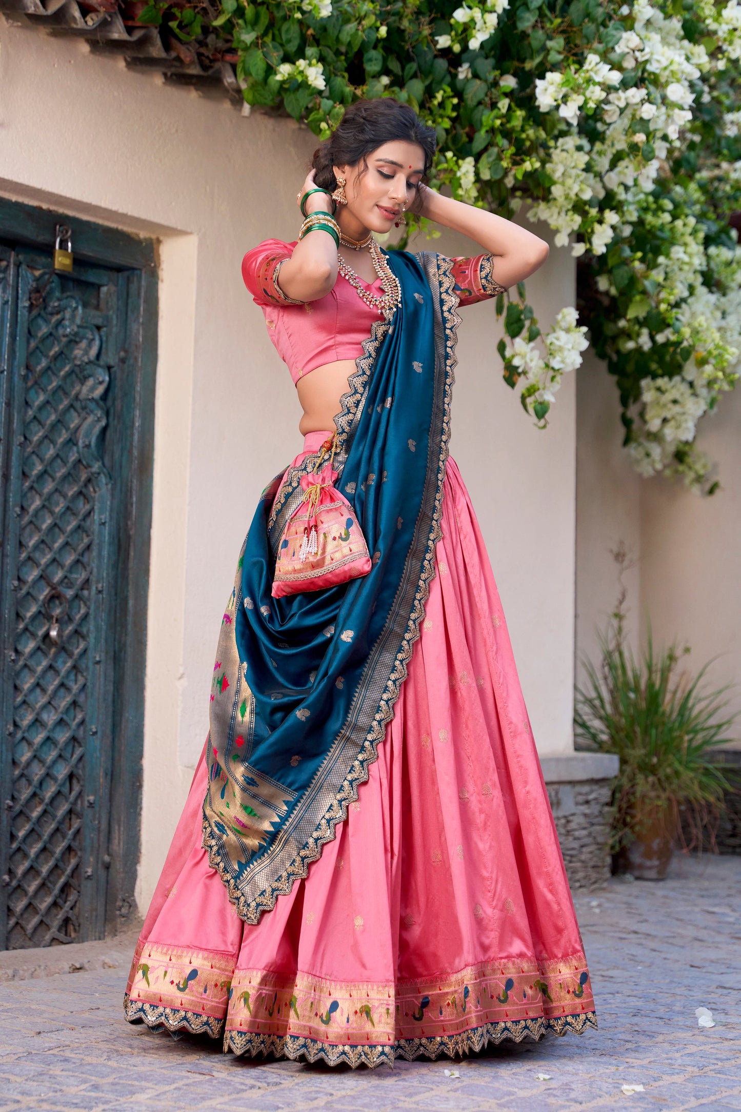 Lorenvalley Light Pink Jacquard Silk Paithani Zari Weaving Work With Sequins and Thread Embroidery Scallop Lace Border Lehenga Choli with Dupatta | Swadesiicart