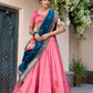 Lorenvalley Light Pink Jacquard Silk Paithani Zari Weaving Work With Sequins and Thread Embroidery Scallop Lace Border Lehenga Choli with Dupatta | Swadesiicart