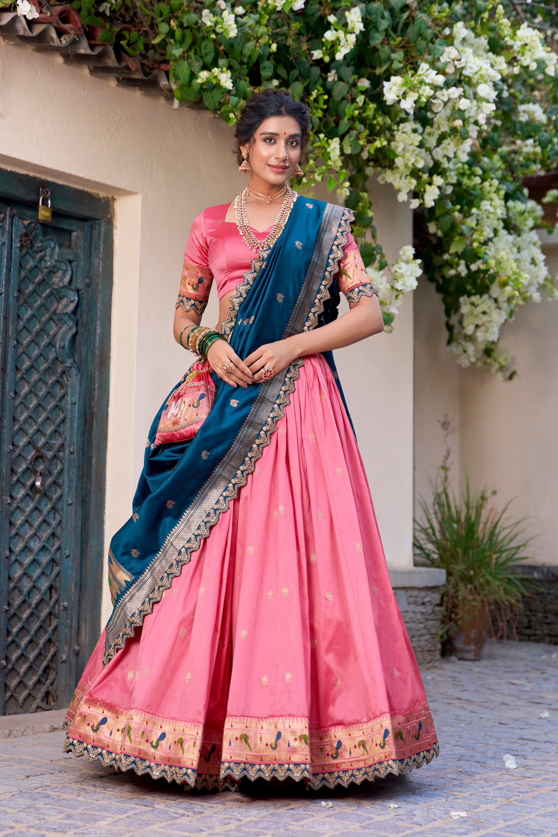 Lorenvalley Light Pink Jacquard Silk Paithani Zari Weaving Work With Sequins and Thread Embroidery Scallop Lace Border Lehenga Choli with Dupatta | Swadesiicart