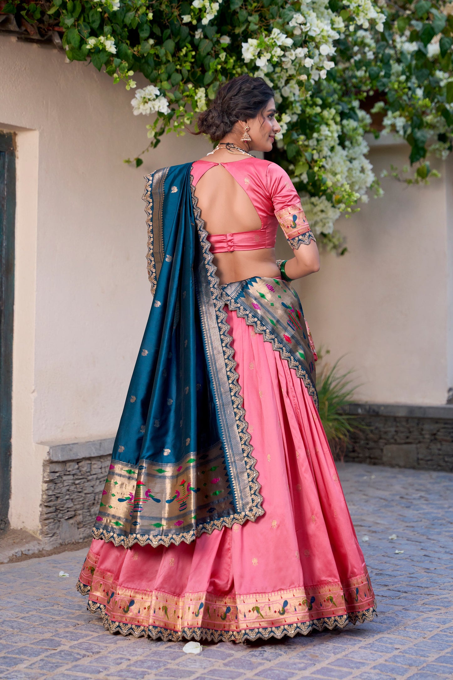 Lorenvalley Light Pink Jacquard Silk Paithani Zari Weaving Work With Sequins and Thread Embroidery Scallop Lace Border Lehenga Choli with Dupatta | Swadesiicart