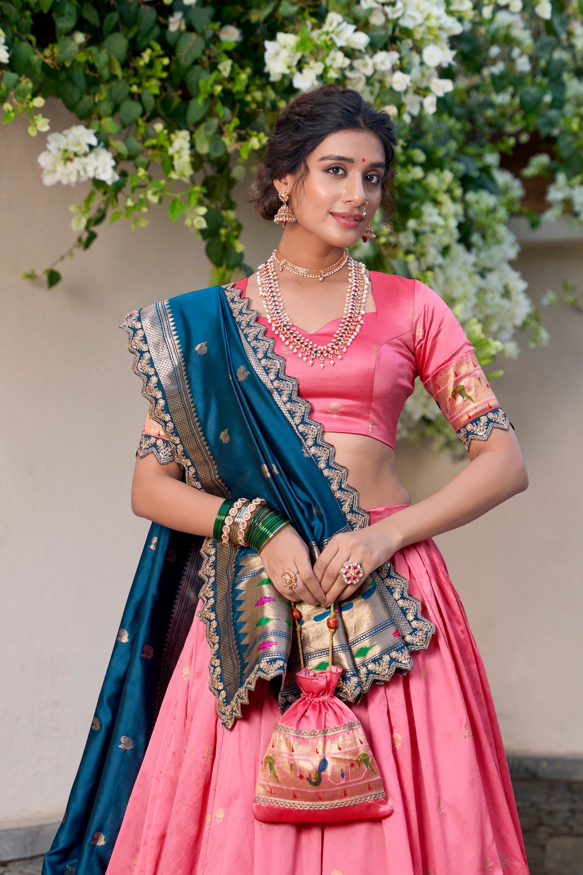 Lorenvalley Light Pink Jacquard Silk Paithani Zari Weaving Work With Sequins and Thread Embroidery Scallop Lace Border Lehenga Choli with Dupatta | Swadesiicart