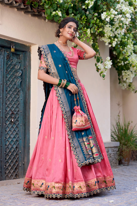 Lorenvalley Light Pink Jacquard Silk Paithani Zari Weaving Work With Sequins and Thread Embroidery Scallop Lace Border Lehenga Choli with Dupatta | Swadesiicart