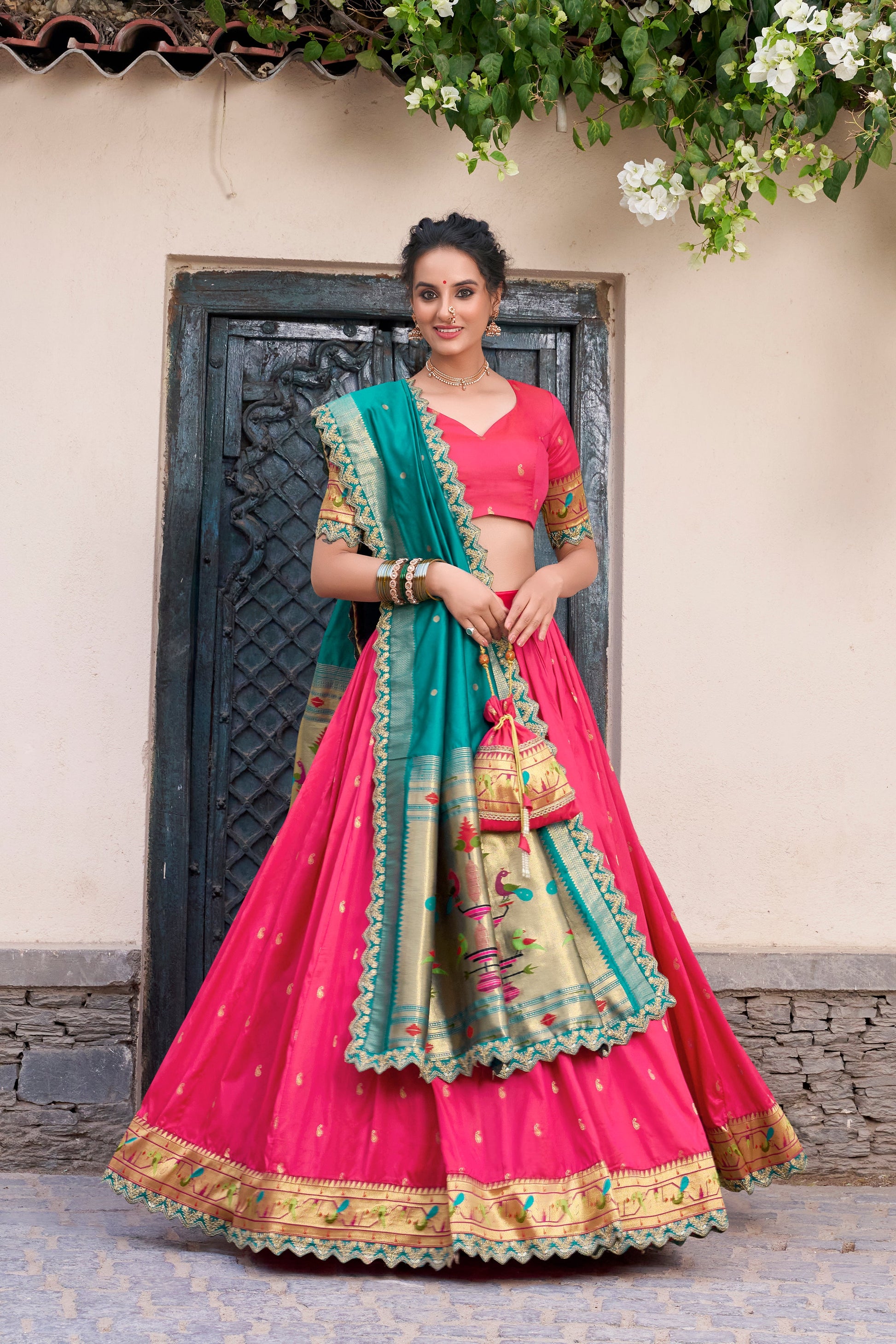 Lorenvalley Pink Jacquard Silk Paithani Zari Weaving Work With Sequins and Thread Embroidery Scallop Lace Border Lehenga Choli with Dupatta | Swadesiicart