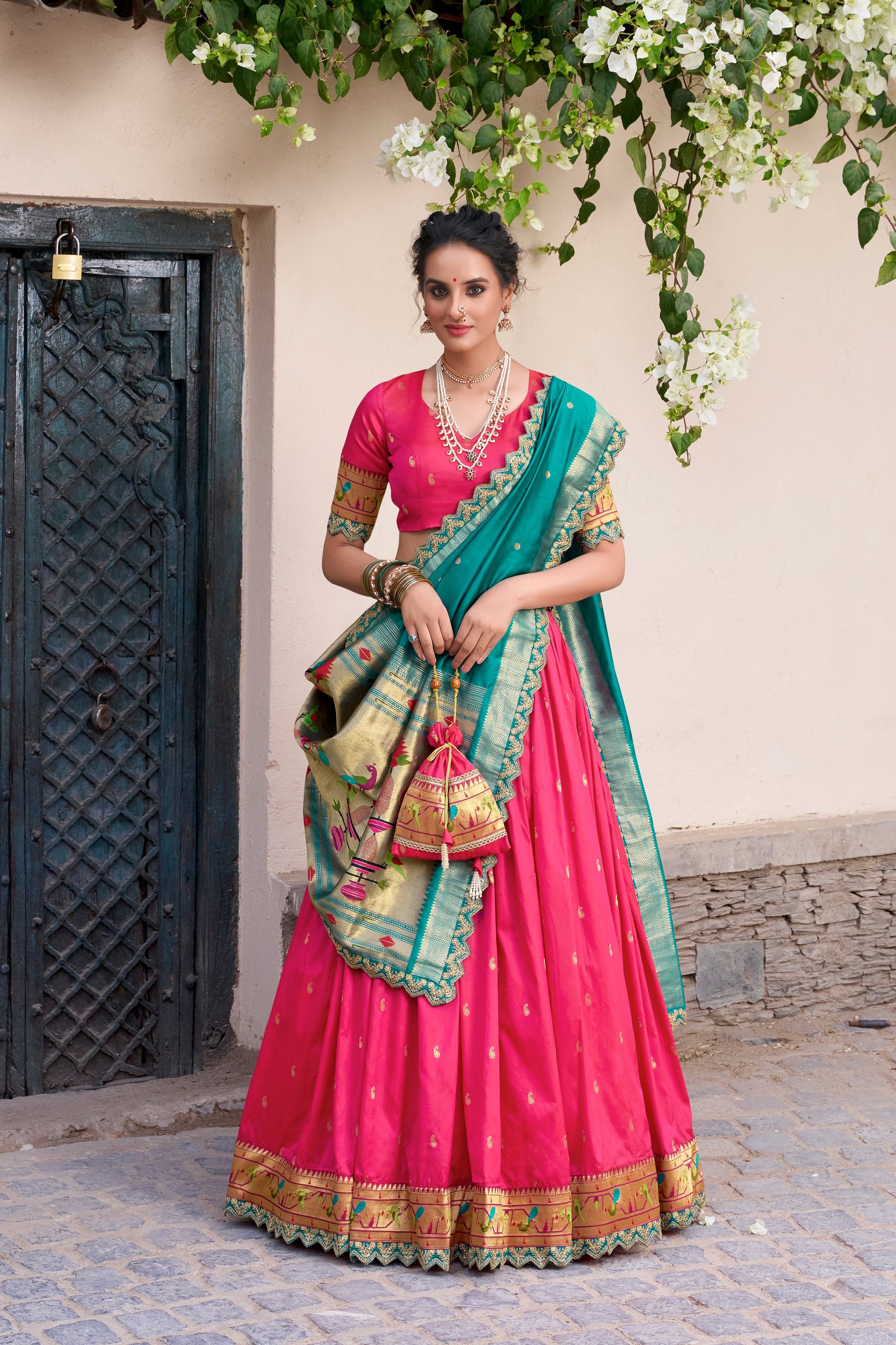 Lorenvalley Pink Jacquard Silk Paithani Zari Weaving Work With Sequins and Thread Embroidery Scallop Lace Border Lehenga Choli with Dupatta | Swadesiicart