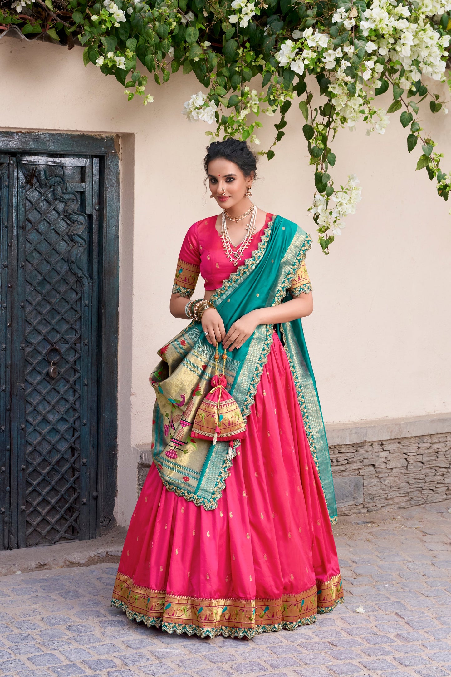 Lorenvalley Pink Jacquard Silk Paithani Zari Weaving Work With Sequins and Thread Embroidery Scallop Lace Border Lehenga Choli with Dupatta | Swadesiicart