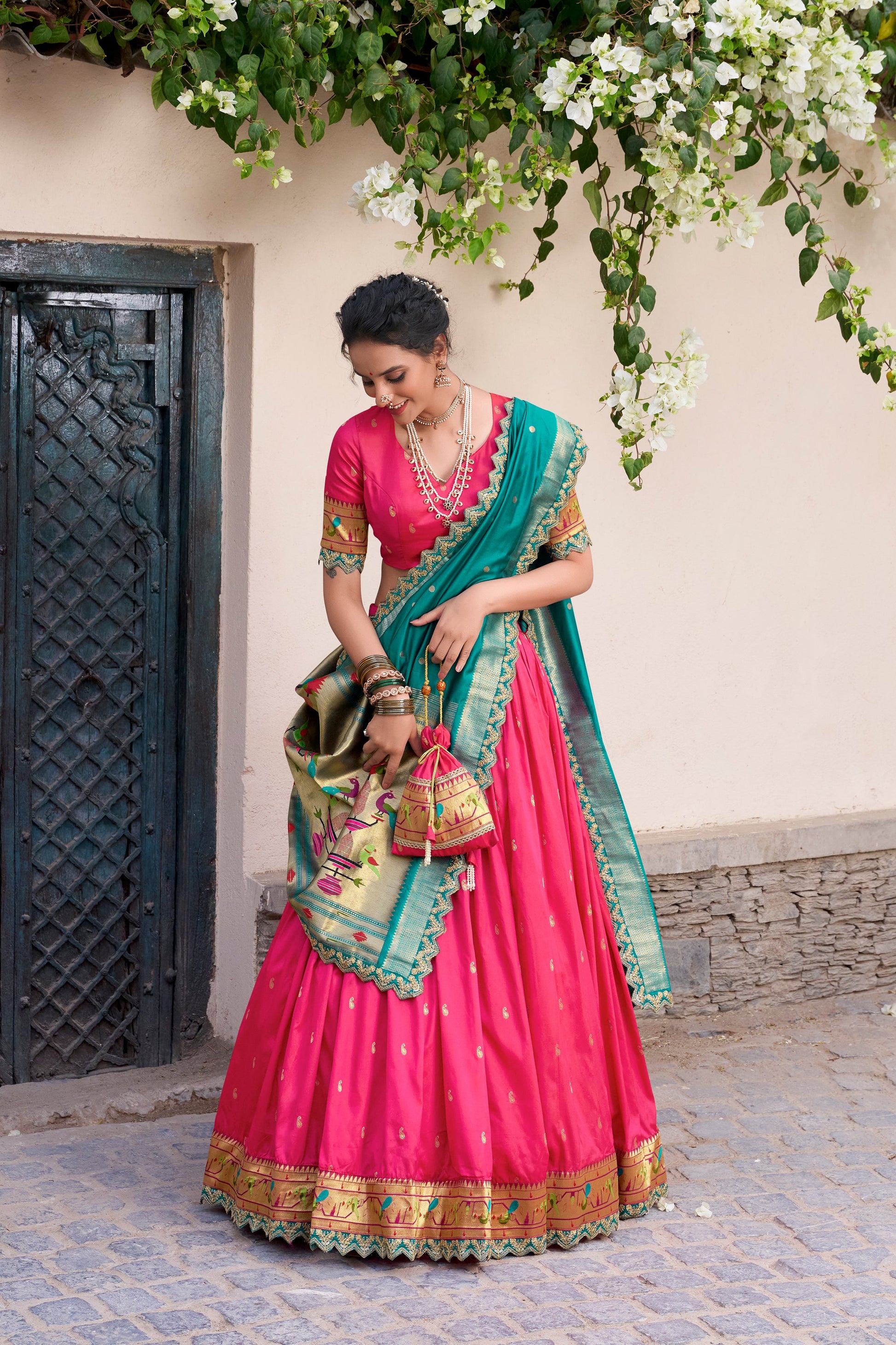 Lorenvalley Pink Jacquard Silk Paithani Zari Weaving Work With Sequins and Thread Embroidery Scallop Lace Border Lehenga Choli with Dupatta | Swadesiicart