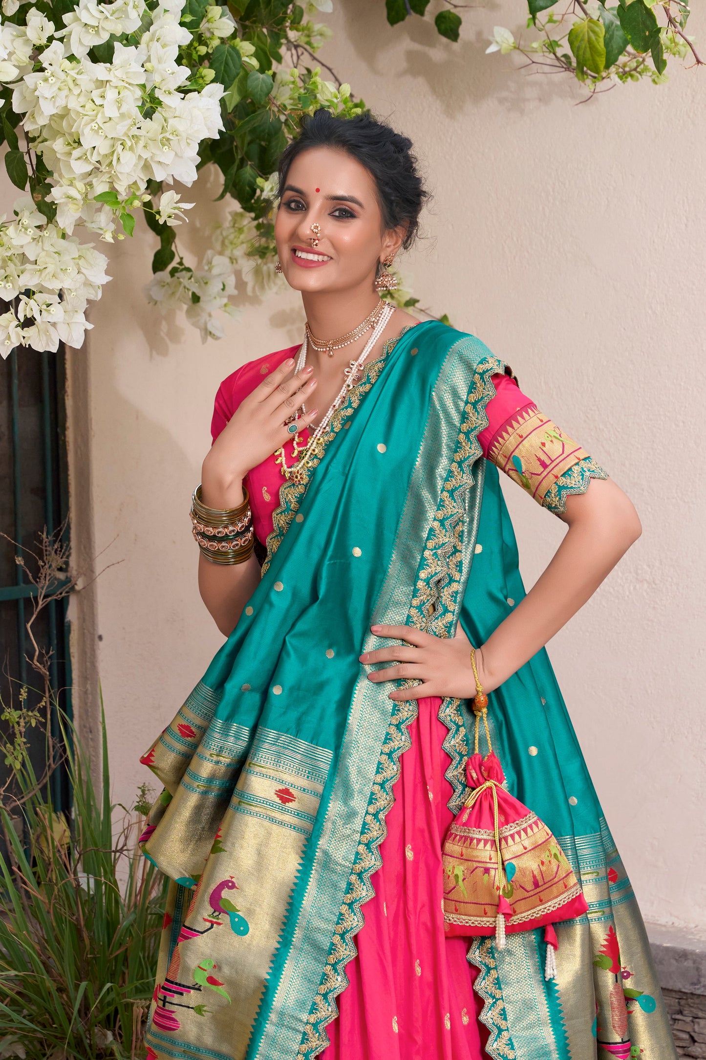 Lorenvalley Pink Jacquard Silk Paithani Zari Weaving Work With Sequins and Thread Embroidery Scallop Lace Border Lehenga Choli with Dupatta | Swadesiicart