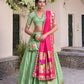 Lorenvalley Pista Jacquard Silk Paithani Zari Weaving Work With Sequins and Thread Embroidery Scallop Lace Border Lehenga Choli with Dupatta | Swadesiicart