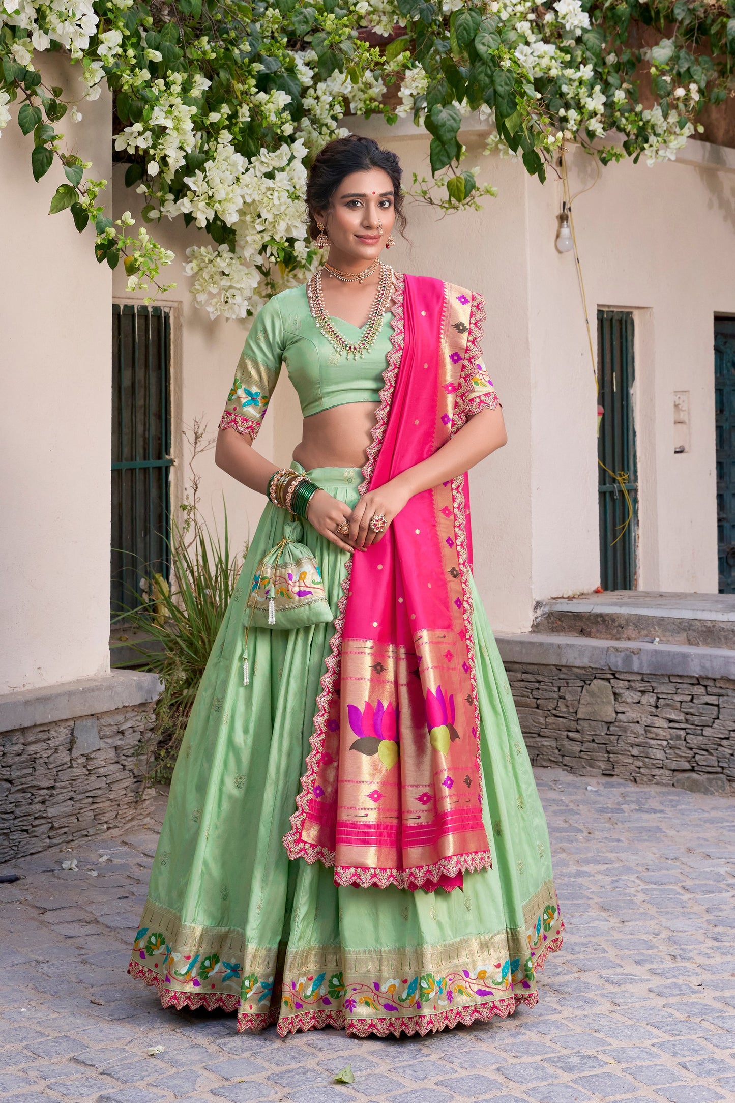 Lorenvalley Pista Jacquard Silk Paithani Zari Weaving Work With Sequins and Thread Embroidery Scallop Lace Border Lehenga Choli with Dupatta | Swadesiicart