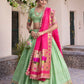 Lorenvalley Pista Jacquard Silk Paithani Zari Weaving Work With Sequins and Thread Embroidery Scallop Lace Border Lehenga Choli with Dupatta | Swadesiicart