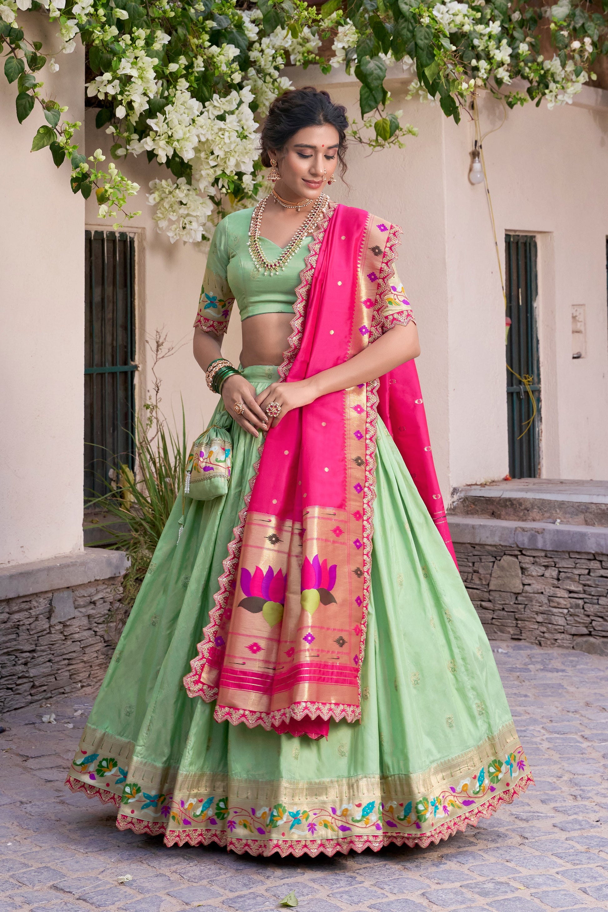 Lorenvalley Pista Jacquard Silk Paithani Zari Weaving Work With Sequins and Thread Embroidery Scallop Lace Border Lehenga Choli with Dupatta | Swadesiicart