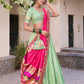 Lorenvalley Pista Jacquard Silk Paithani Zari Weaving Work With Sequins and Thread Embroidery Scallop Lace Border Lehenga Choli with Dupatta | Swadesiicart