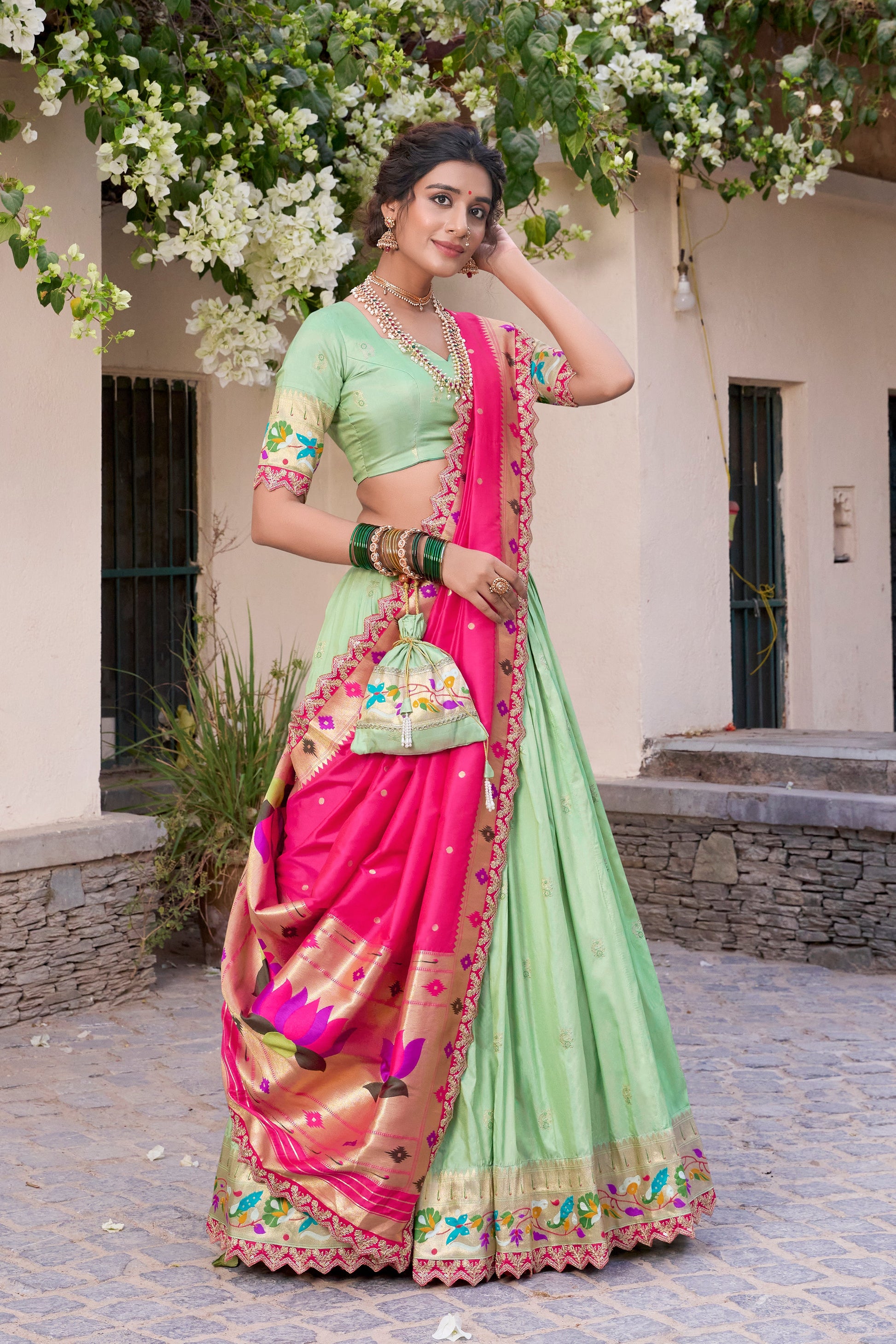 Lorenvalley Pista Jacquard Silk Paithani Zari Weaving Work With Sequins and Thread Embroidery Scallop Lace Border Lehenga Choli with Dupatta | Swadesiicart