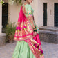 Lorenvalley Pista Jacquard Silk Paithani Zari Weaving Work With Sequins and Thread Embroidery Scallop Lace Border Lehenga Choli with Dupatta | Swadesiicart