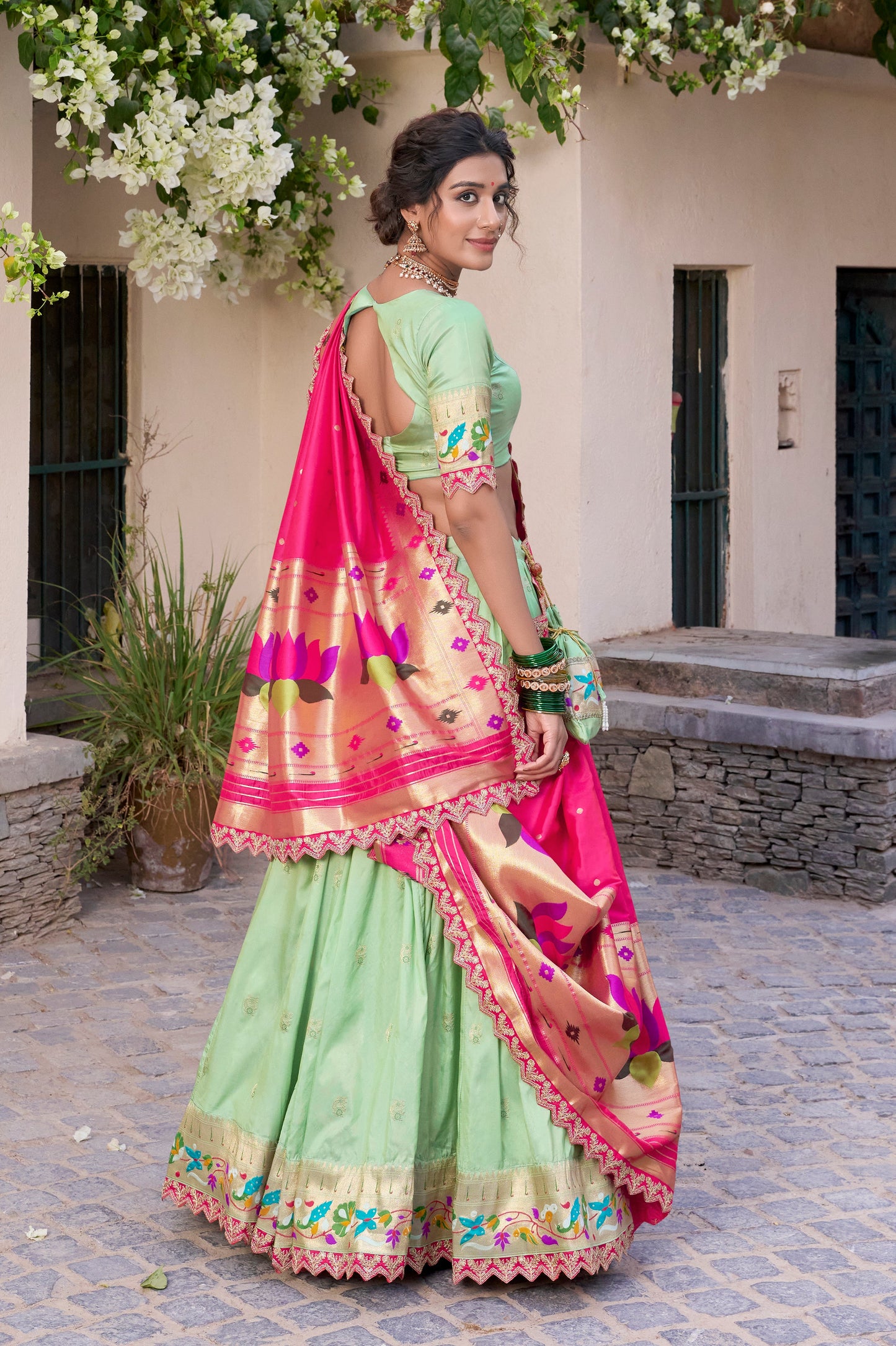 Lorenvalley Pista Jacquard Silk Paithani Zari Weaving Work With Sequins and Thread Embroidery Scallop Lace Border Lehenga Choli with Dupatta | Swadesiicart