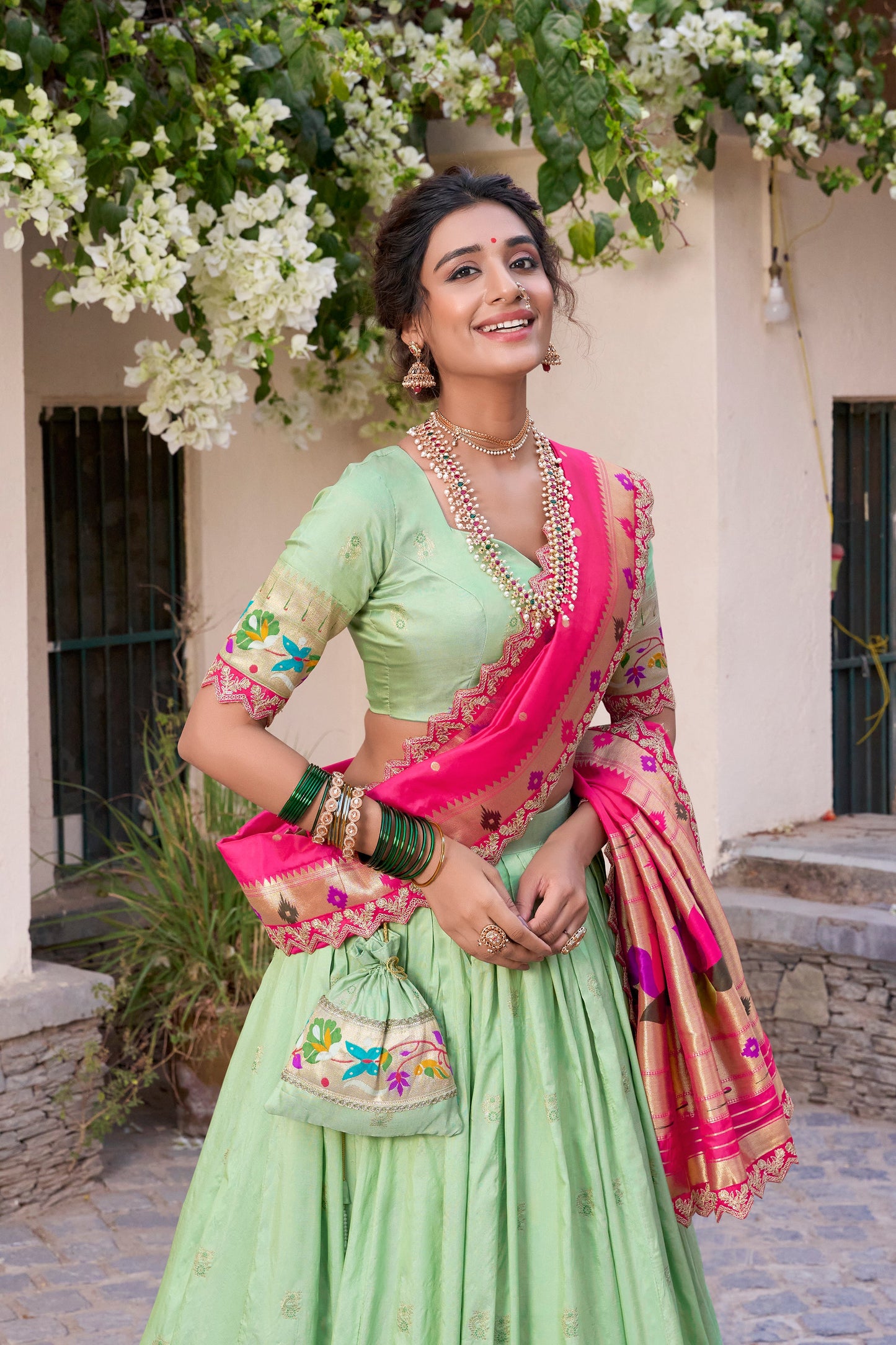 Lorenvalley Pista Jacquard Silk Paithani Zari Weaving Work With Sequins and Thread Embroidery Scallop Lace Border Lehenga Choli with Dupatta | Swadesiicart