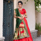 Lorenvalley Red Jacquard Silk Paithani Zari Weaving Work With Sequins and Thread Embroidery Scallop Lace Border Lehenga Choli with Dupatta | Swadesiicart