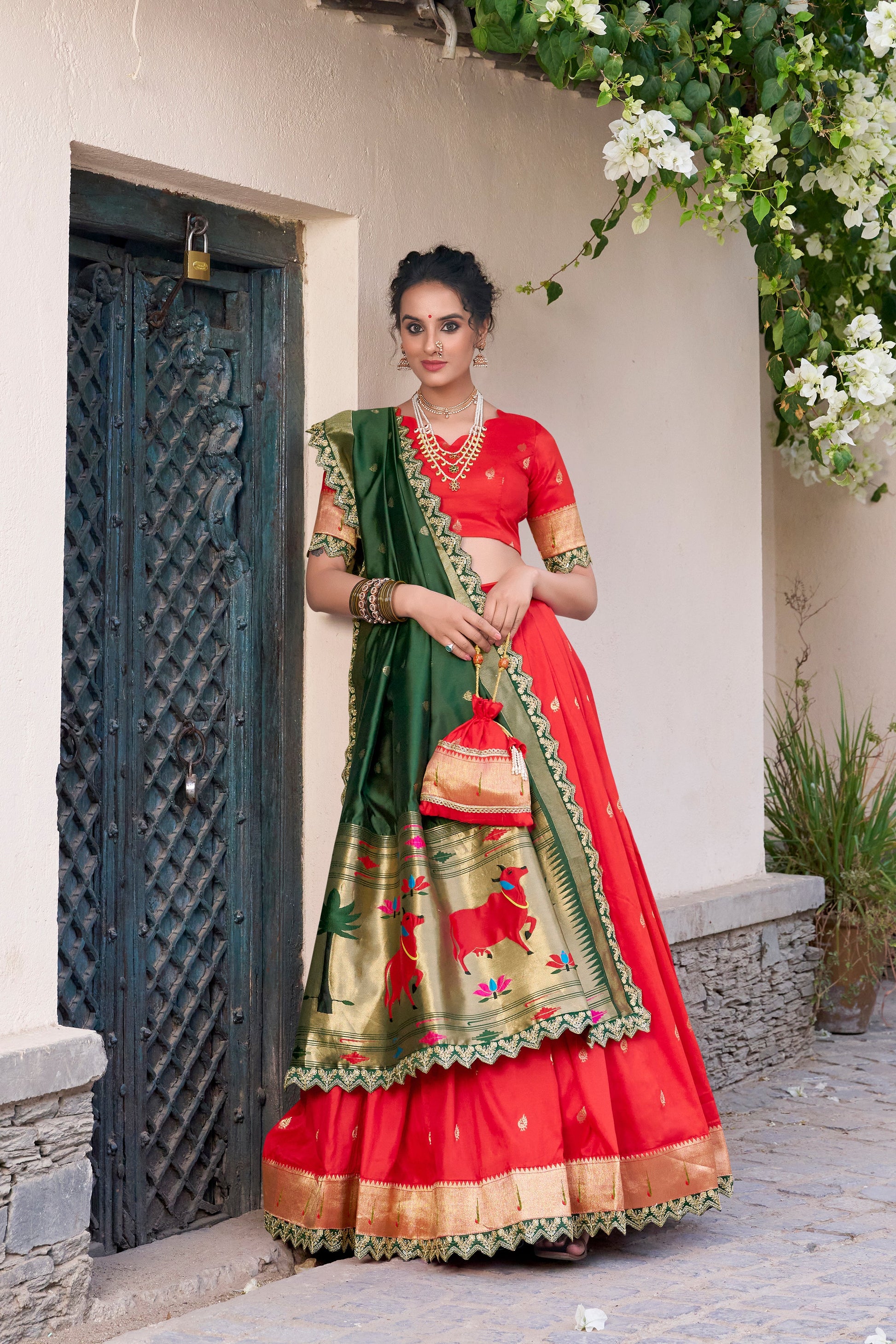 Lorenvalley Red Jacquard Silk Paithani Zari Weaving Work With Sequins and Thread Embroidery Scallop Lace Border Lehenga Choli with Dupatta | Swadesiicart