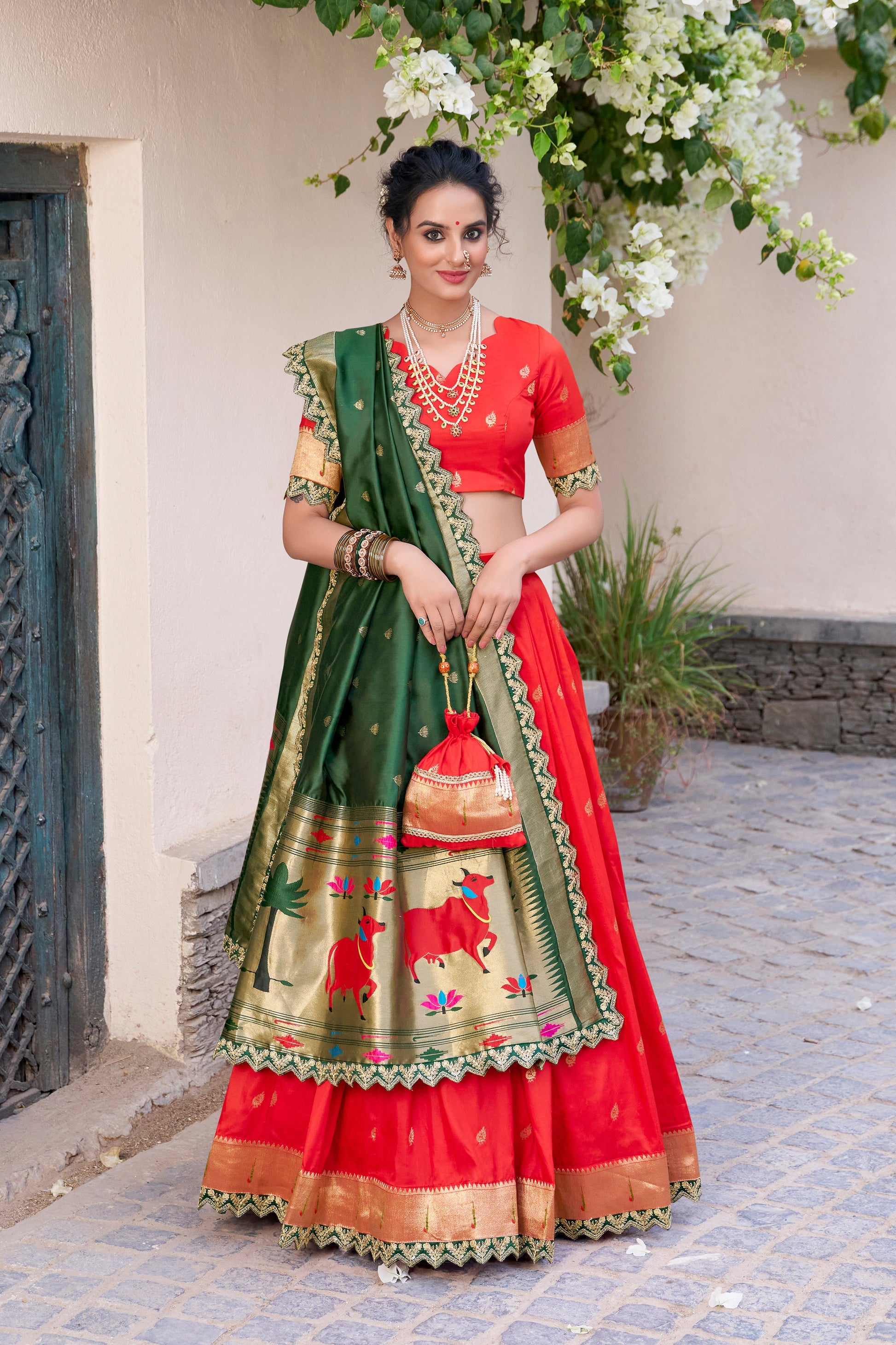 Lorenvalley Red Jacquard Silk Paithani Zari Weaving Work With Sequins and Thread Embroidery Scallop Lace Border Lehenga Choli with Dupatta | Swadesiicart