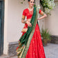 Lorenvalley Red Jacquard Silk Paithani Zari Weaving Work With Sequins and Thread Embroidery Scallop Lace Border Lehenga Choli with Dupatta | Swadesiicart