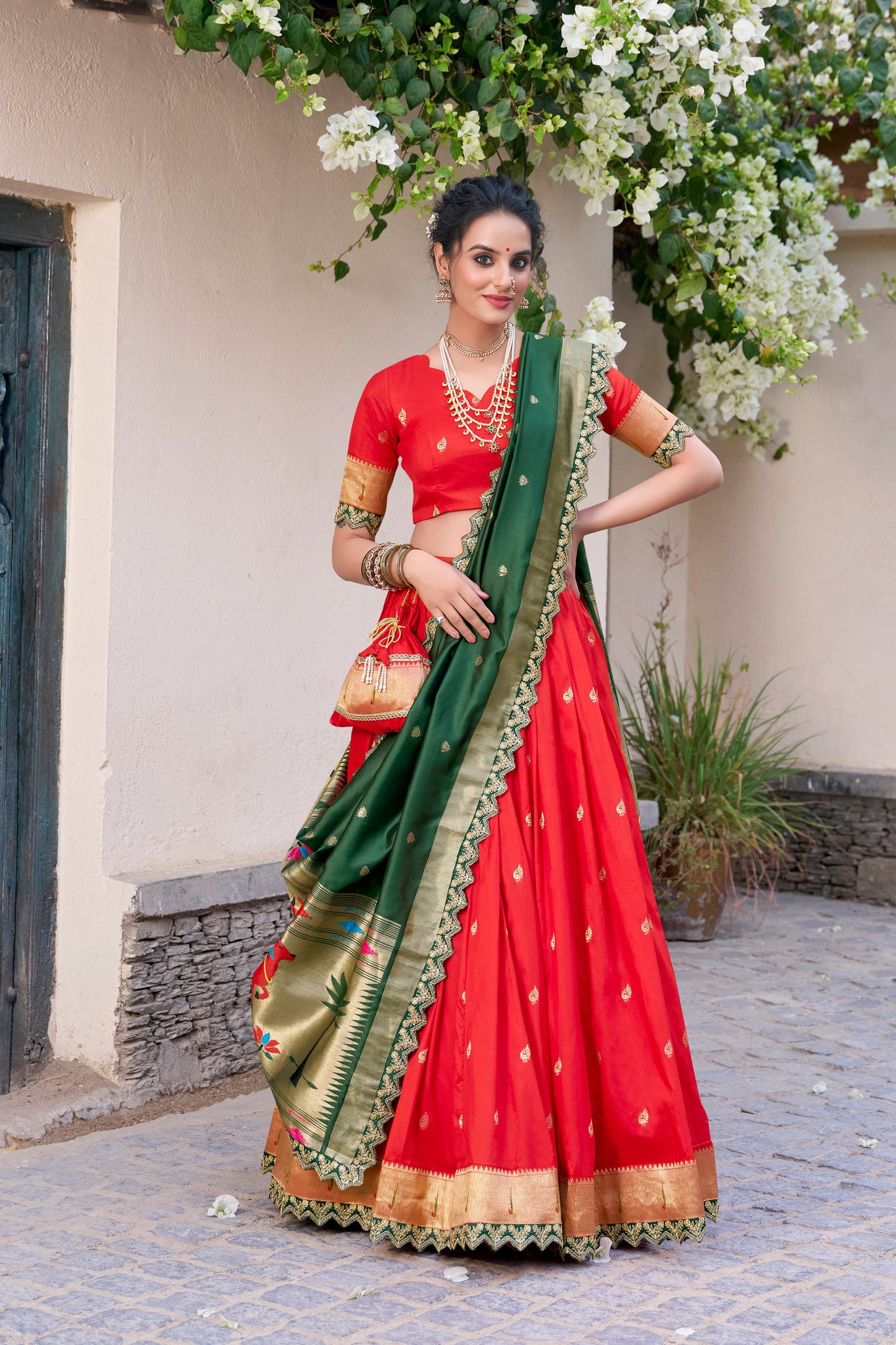 Lorenvalley Red Jacquard Silk Paithani Zari Weaving Work With Sequins and Thread Embroidery Scallop Lace Border Lehenga Choli with Dupatta | Swadesiicart