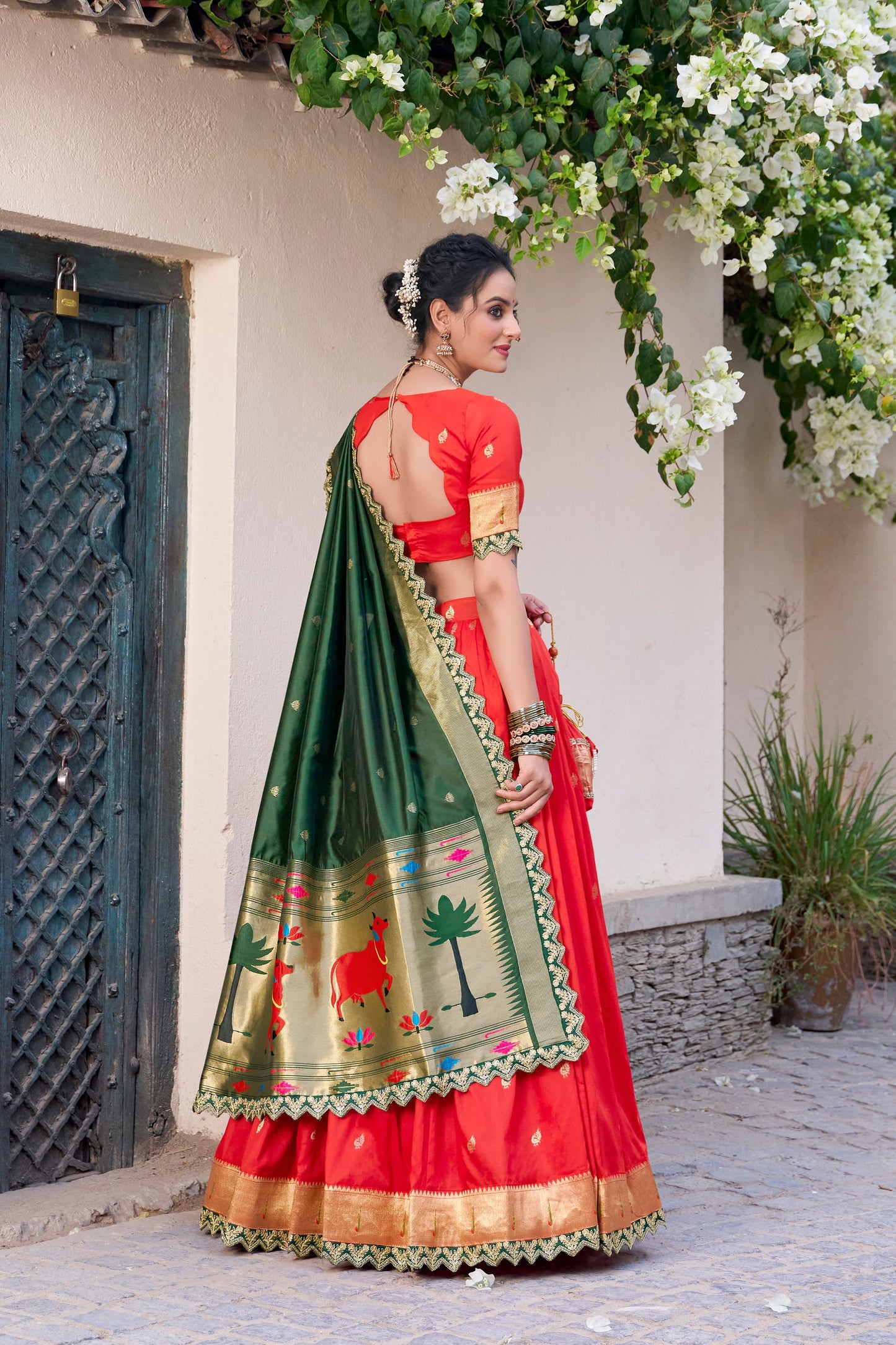 Lorenvalley Red Jacquard Silk Paithani Zari Weaving Work With Sequins and Thread Embroidery Scallop Lace Border Lehenga Choli with Dupatta | Swadesiicart