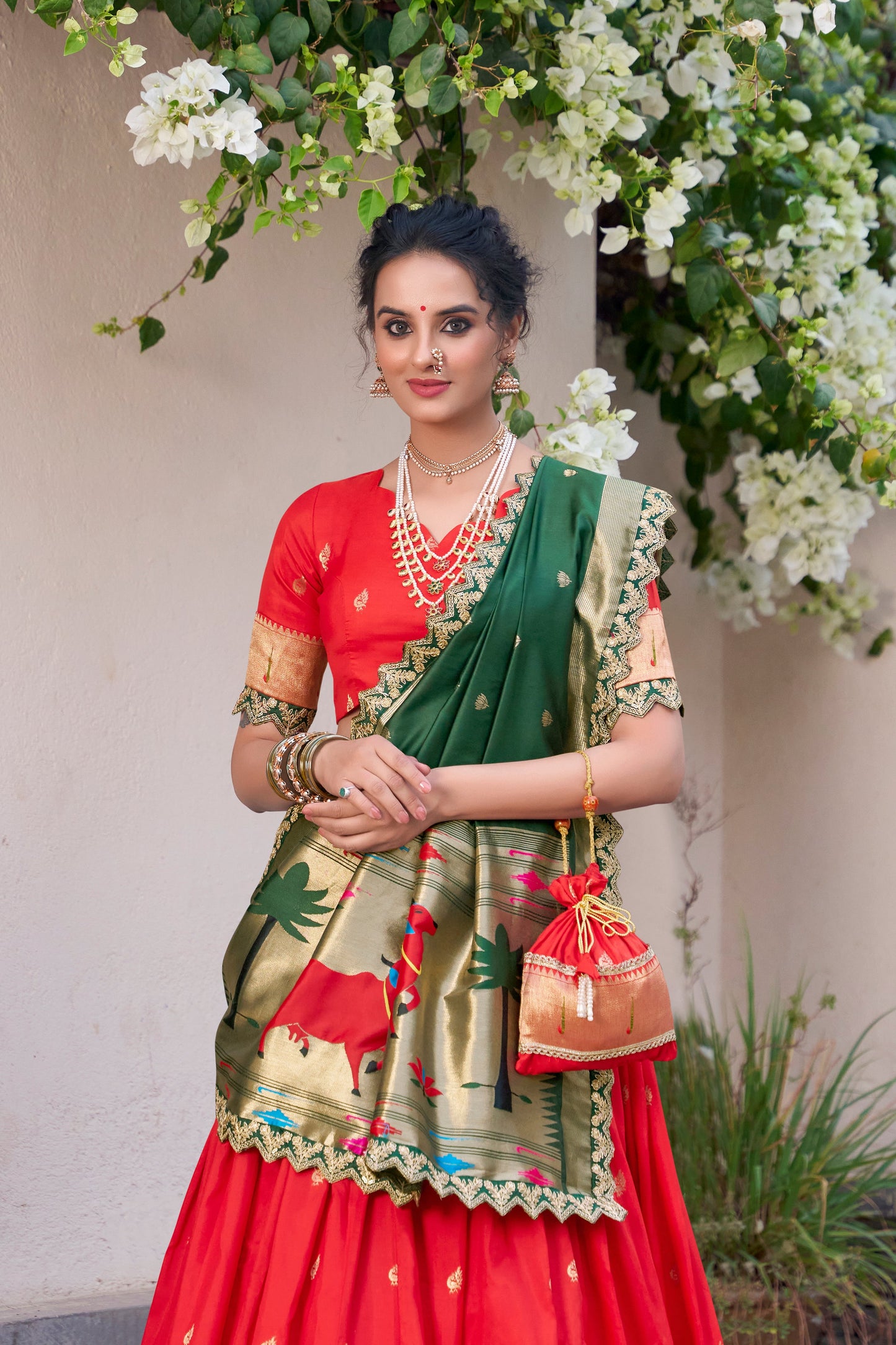 Lorenvalley Red Jacquard Silk Paithani Zari Weaving Work With Sequins and Thread Embroidery Scallop Lace Border Lehenga Choli with Dupatta | Swadesiicart
