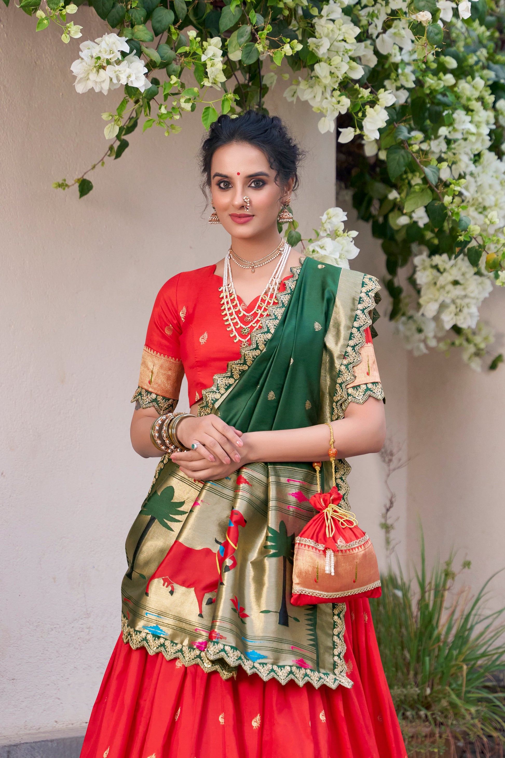 Lorenvalley Red Jacquard Silk Paithani Zari Weaving Work With Sequins and Thread Embroidery Scallop Lace Border Lehenga Choli with Dupatta | Swadesiicart