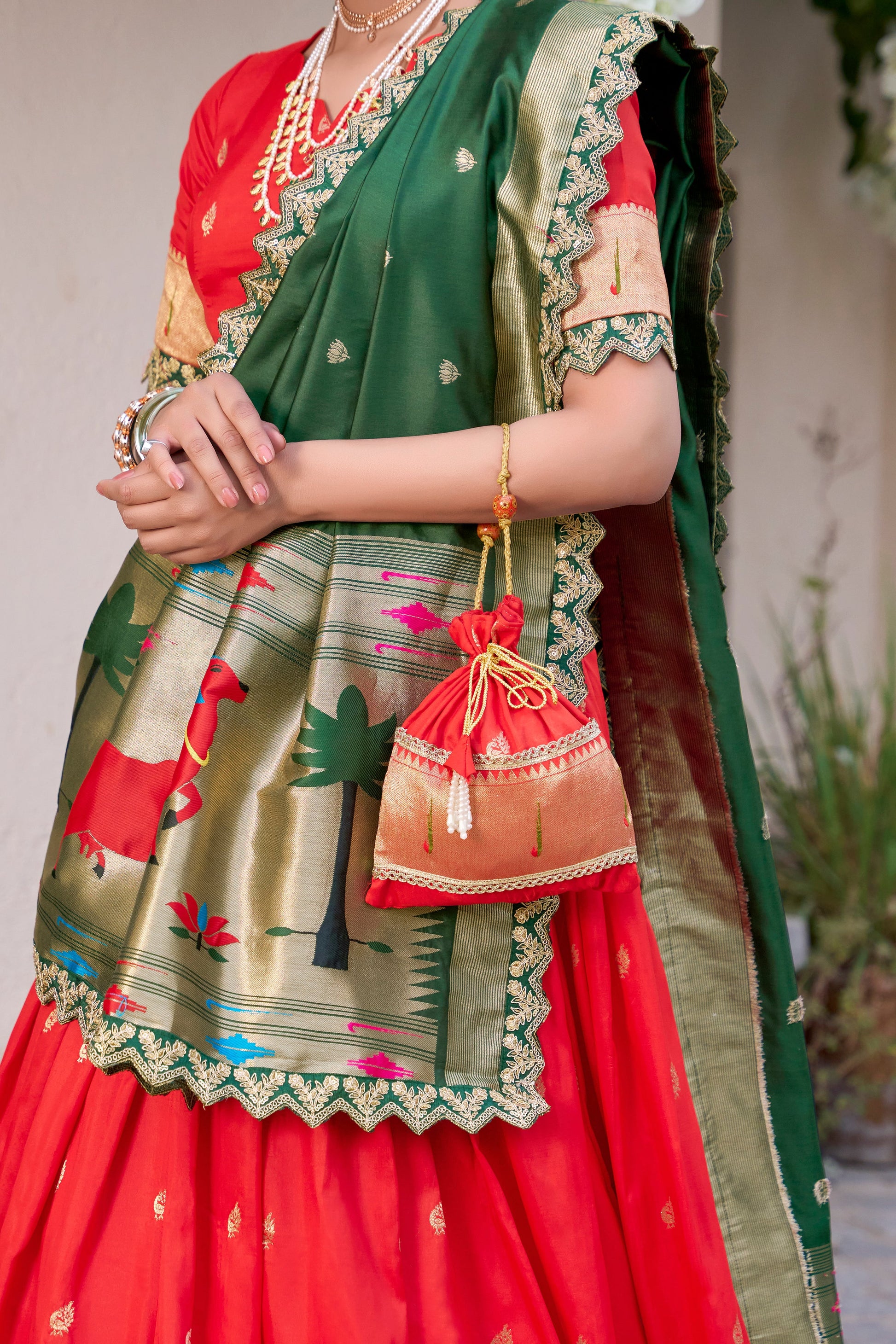 Lorenvalley Red Jacquard Silk Paithani Zari Weaving Work With Sequins and Thread Embroidery Scallop Lace Border Lehenga Choli with Dupatta | Swadesiicart