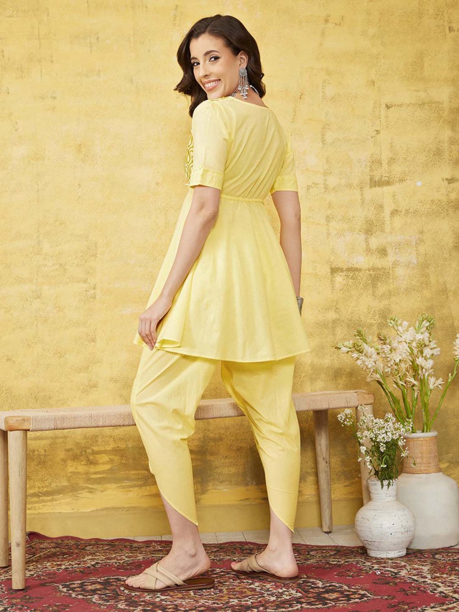 ADA Women Yellow & Green Chikankari Embroidered Empire Sustainable Handloom Kurta with Dhoti Pants | Swadesiicart