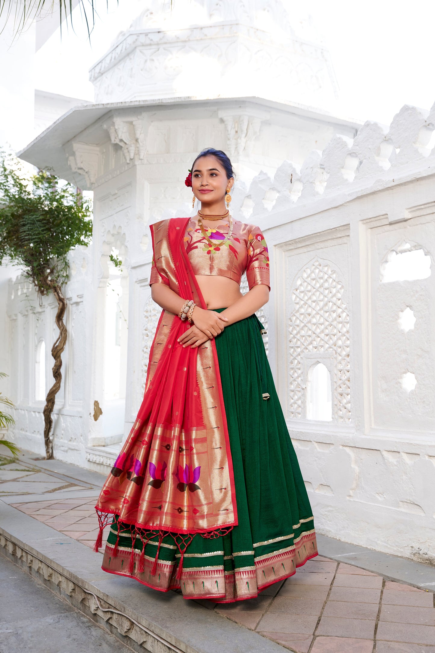 Lorenvalley Green Vichitra Silk Plain with Paithani lace border Lehenga Choli | Swadesiicart