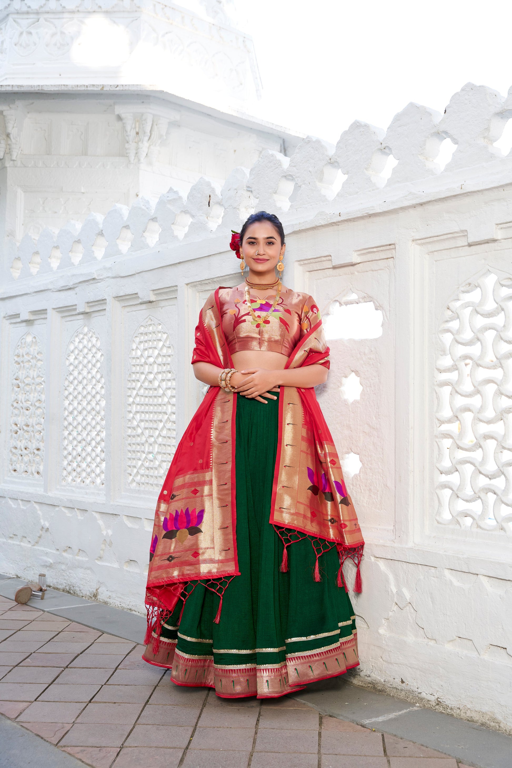 Lorenvalley Green Vichitra Silk Plain with Paithani lace border Lehenga Choli | Swadesiicart