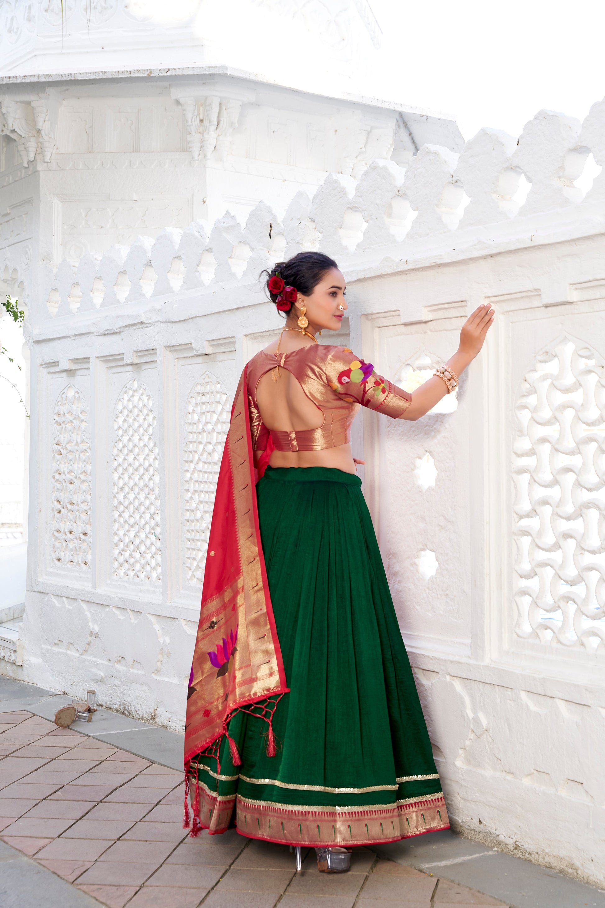Lorenvalley Green Vichitra Silk Plain with Paithani lace border Lehenga Choli | Swadesiicart