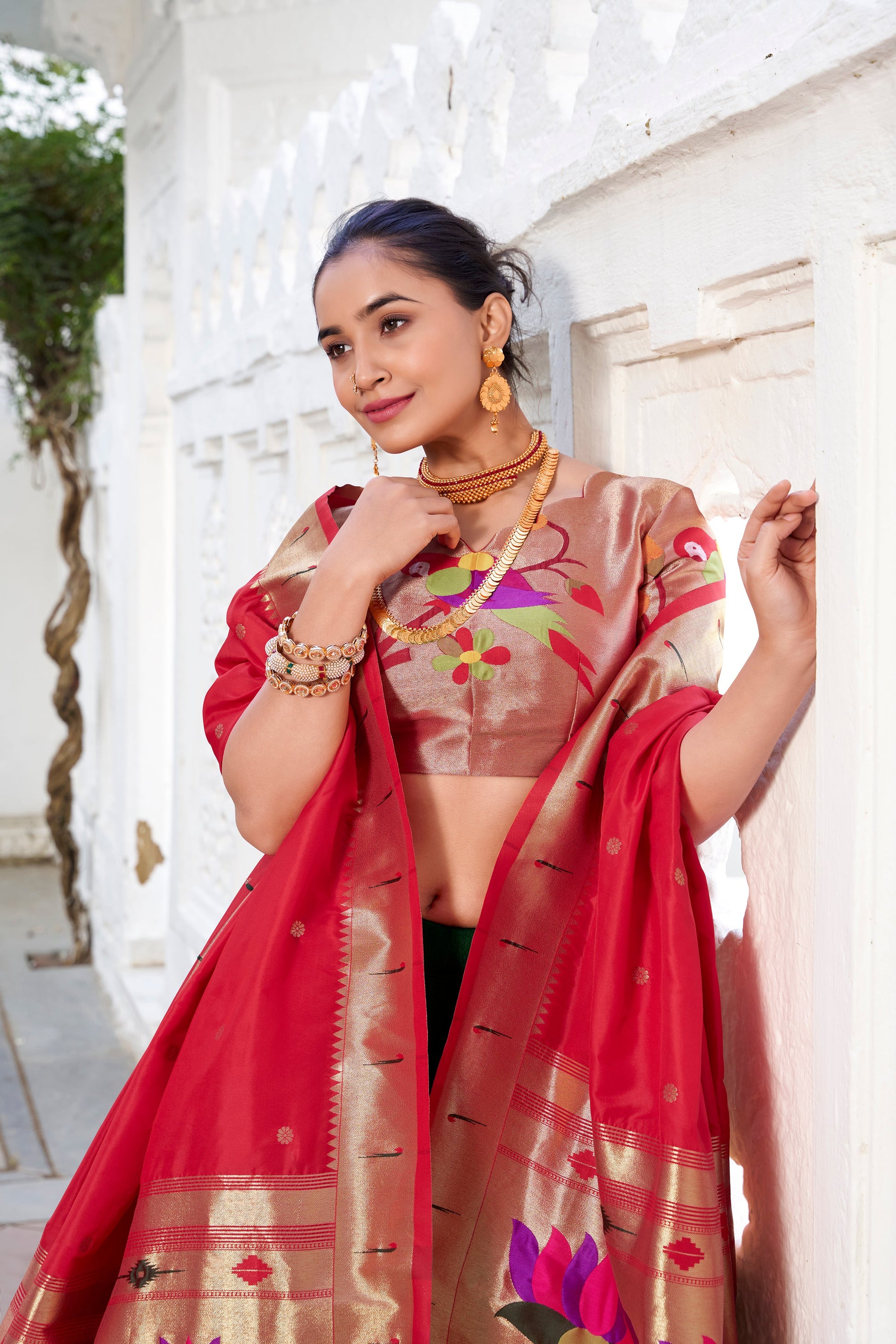 Lorenvalley Green Vichitra Silk Plain with Paithani lace border Lehenga Choli | Swadesiicart