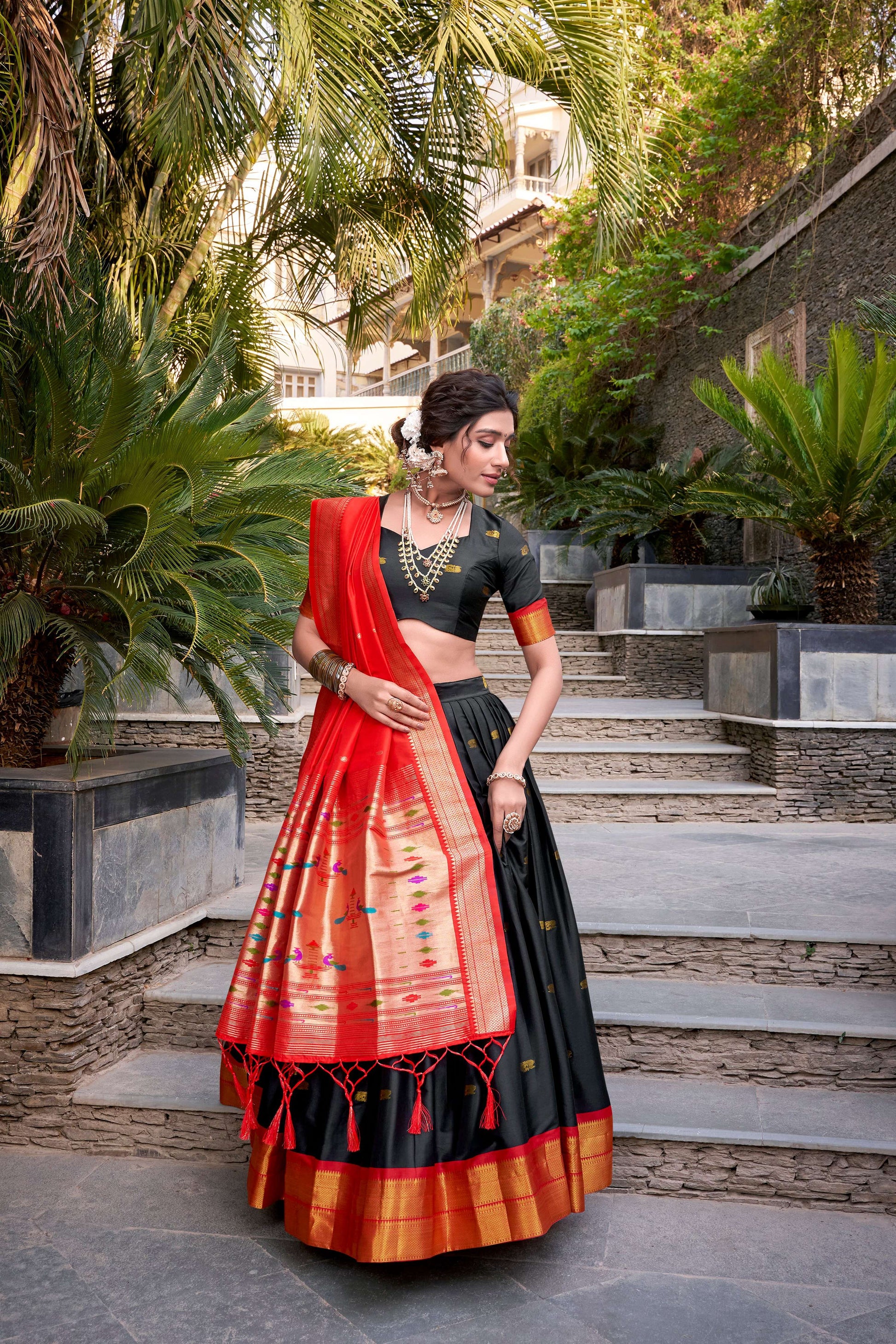 Lorenvalley Black Jacquard Silk Paithani Zari Weaving Work Lehenga Choli with Dupatta | Swadesiicart