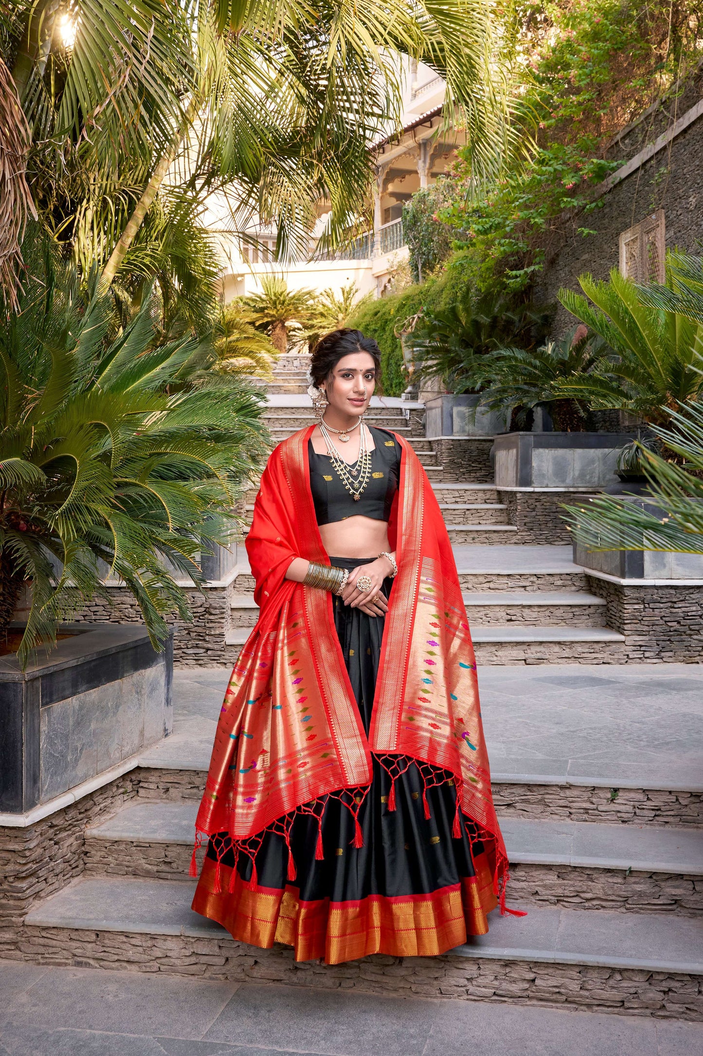 Lorenvalley Black Jacquard Silk Paithani Zari Weaving Work Lehenga Choli with Dupatta | Swadesiicart