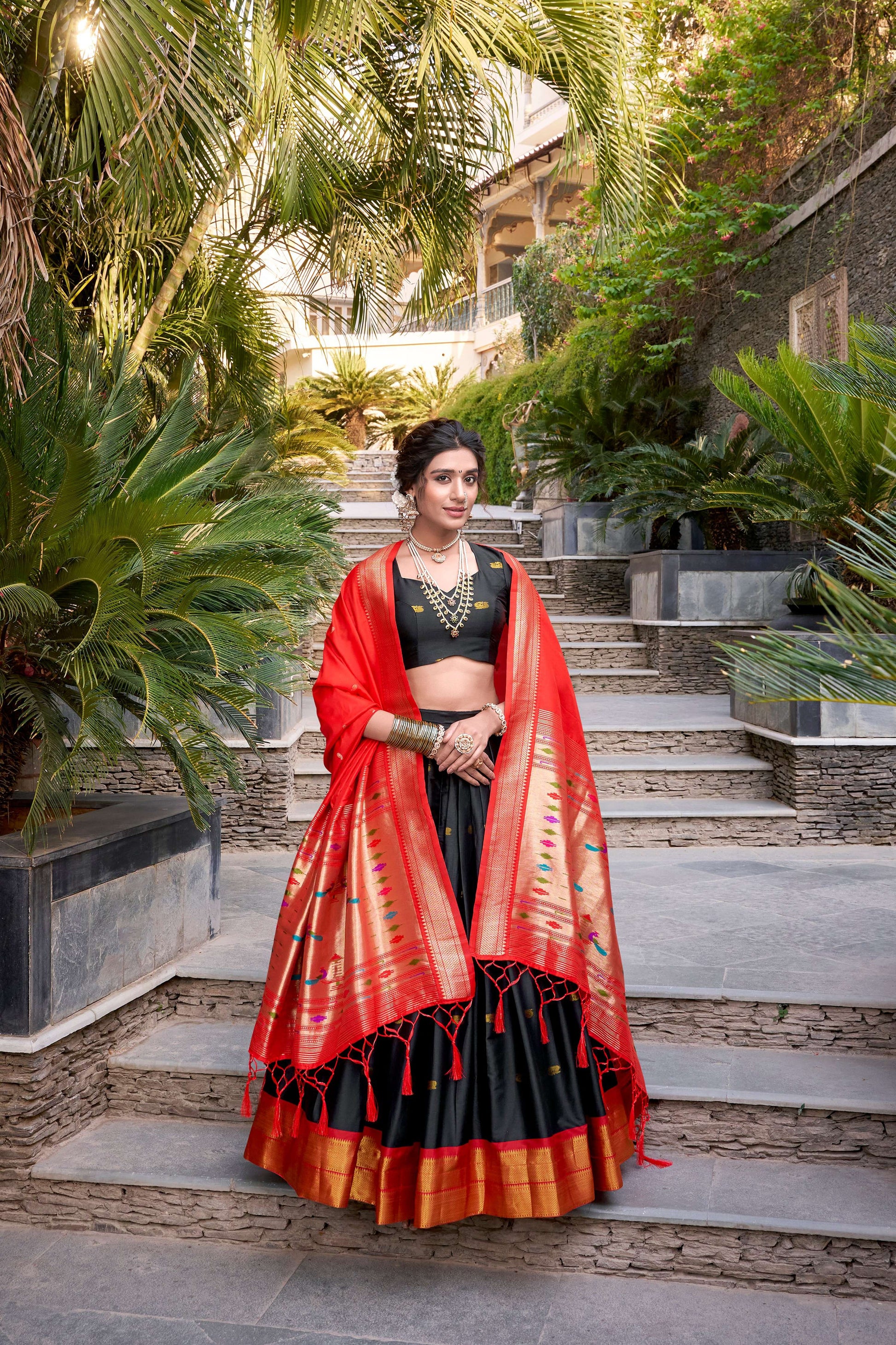 Lorenvalley Black Jacquard Silk Paithani Zari Weaving Work Lehenga Choli with Dupatta | Swadesiicart