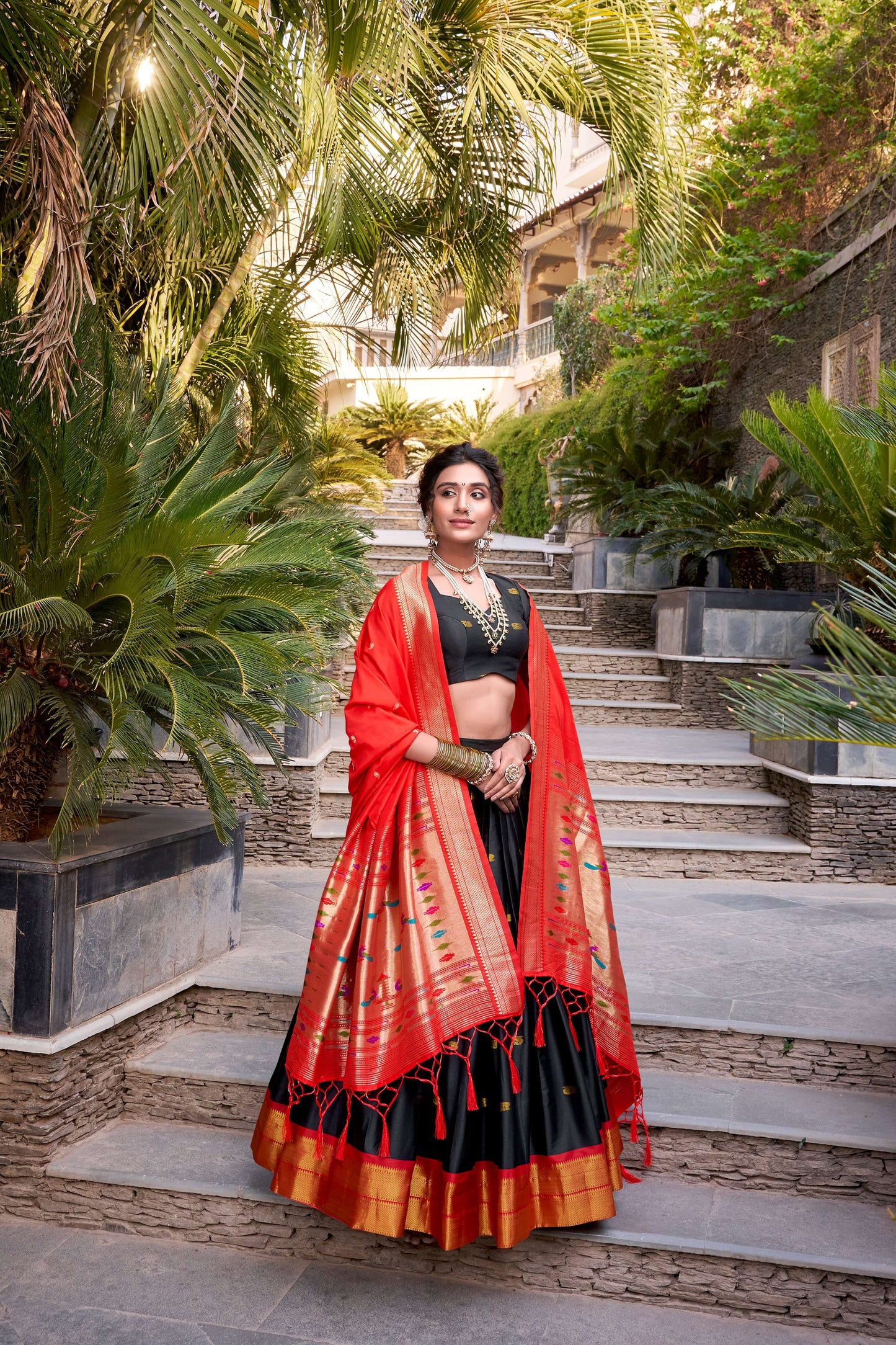 Lorenvalley Black Jacquard Silk Paithani Zari Weaving Work Lehenga Choli with Dupatta | Swadesiicart