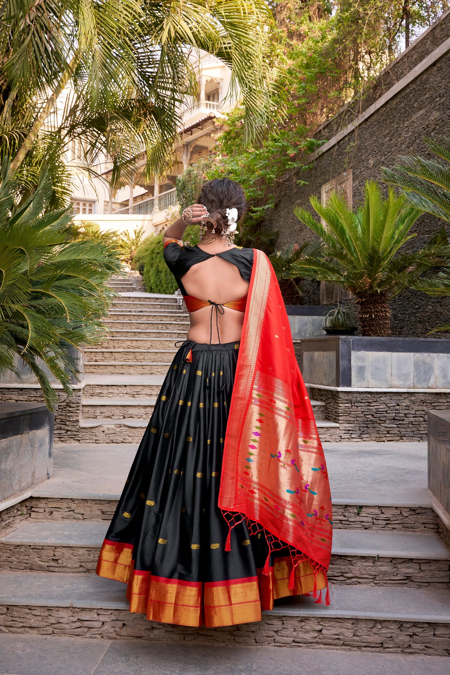 Lorenvalley Black Jacquard Silk Paithani Zari Weaving Work Lehenga Choli with Dupatta | Swadesiicart