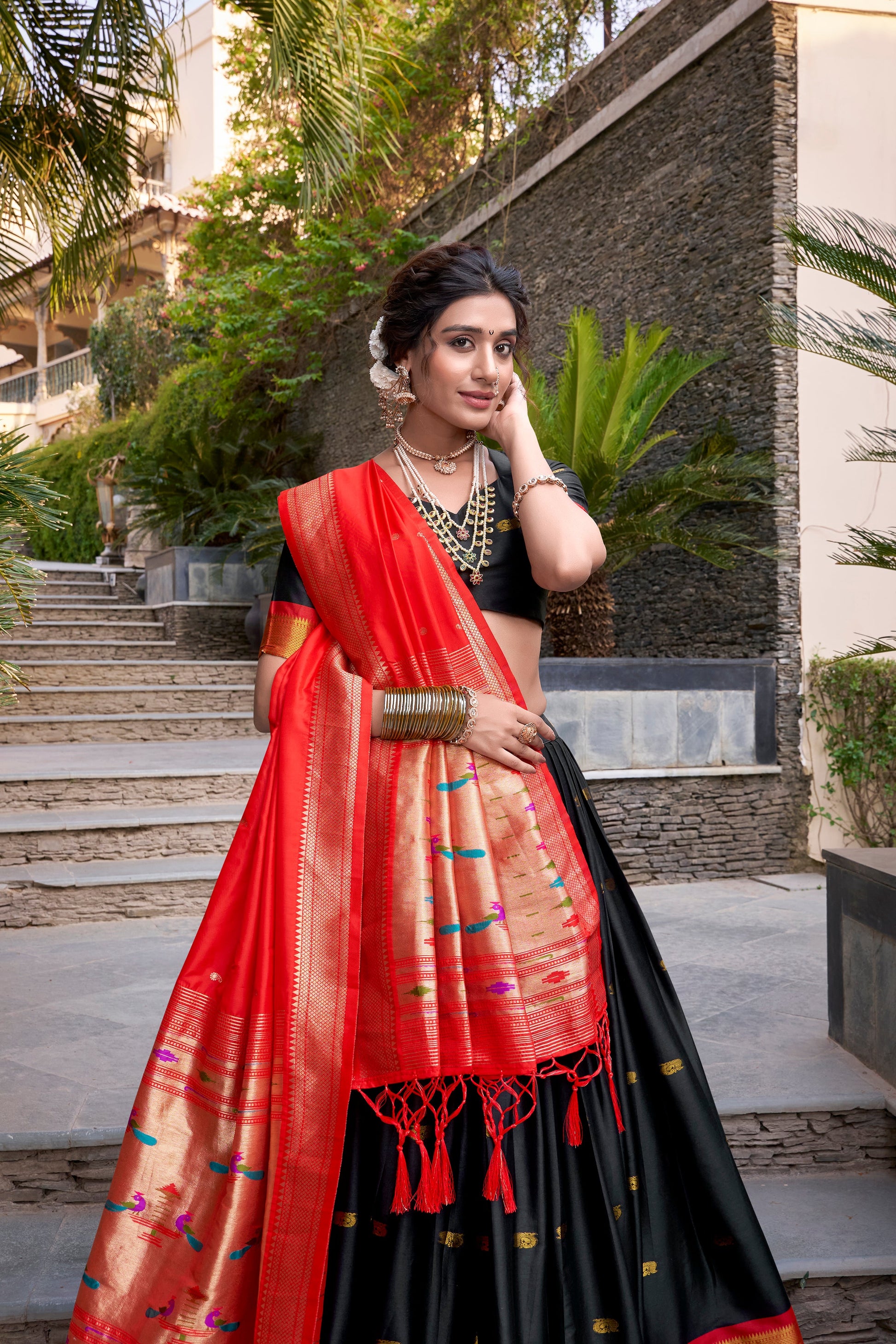 Lorenvalley Black Jacquard Silk Paithani Zari Weaving Work Lehenga Choli with Dupatta | Swadesiicart