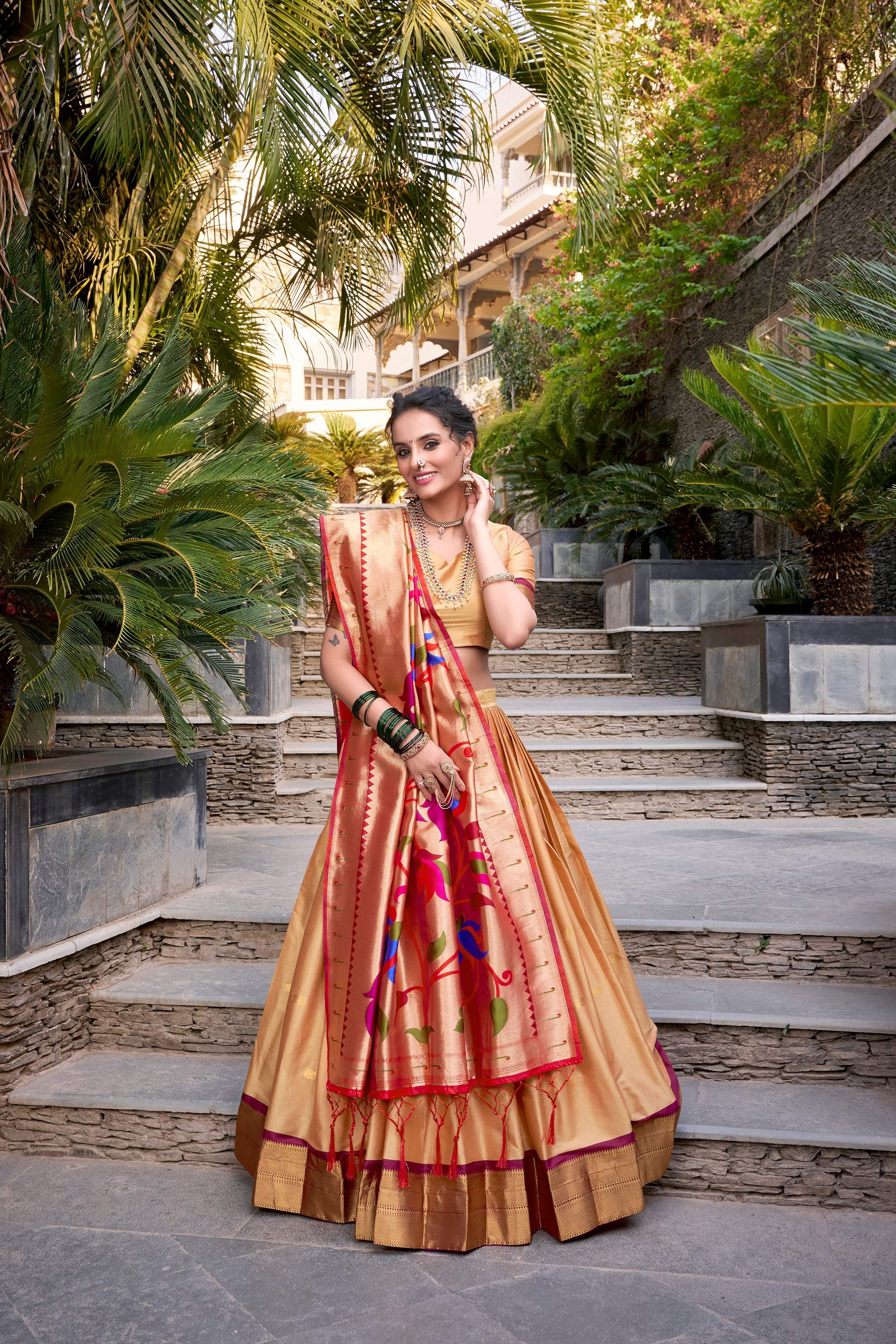 Lorenvalley Chiku Jacquard Silk Paithani Zari Weaving Work Lehenga Choli with Dupatta | Swadesiicart