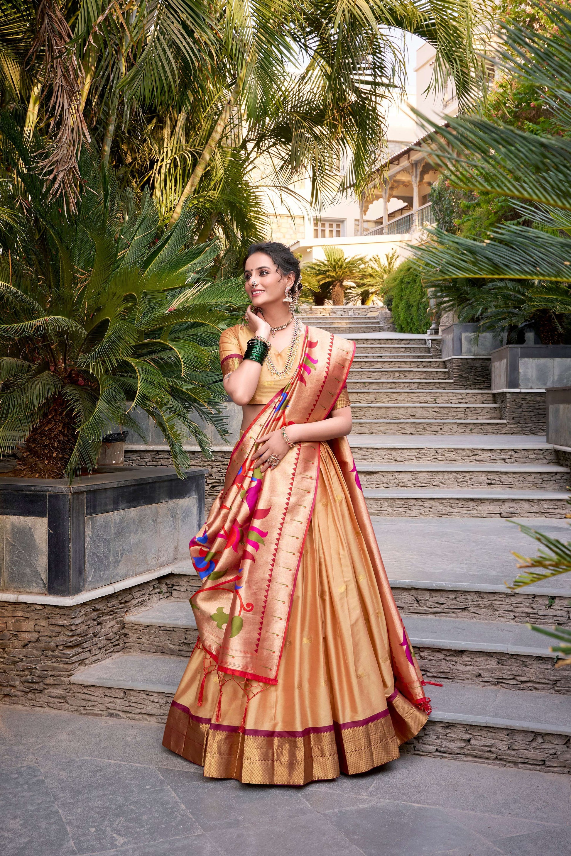Lorenvalley Chiku Jacquard Silk Paithani Zari Weaving Work Lehenga Choli with Dupatta | Swadesiicart